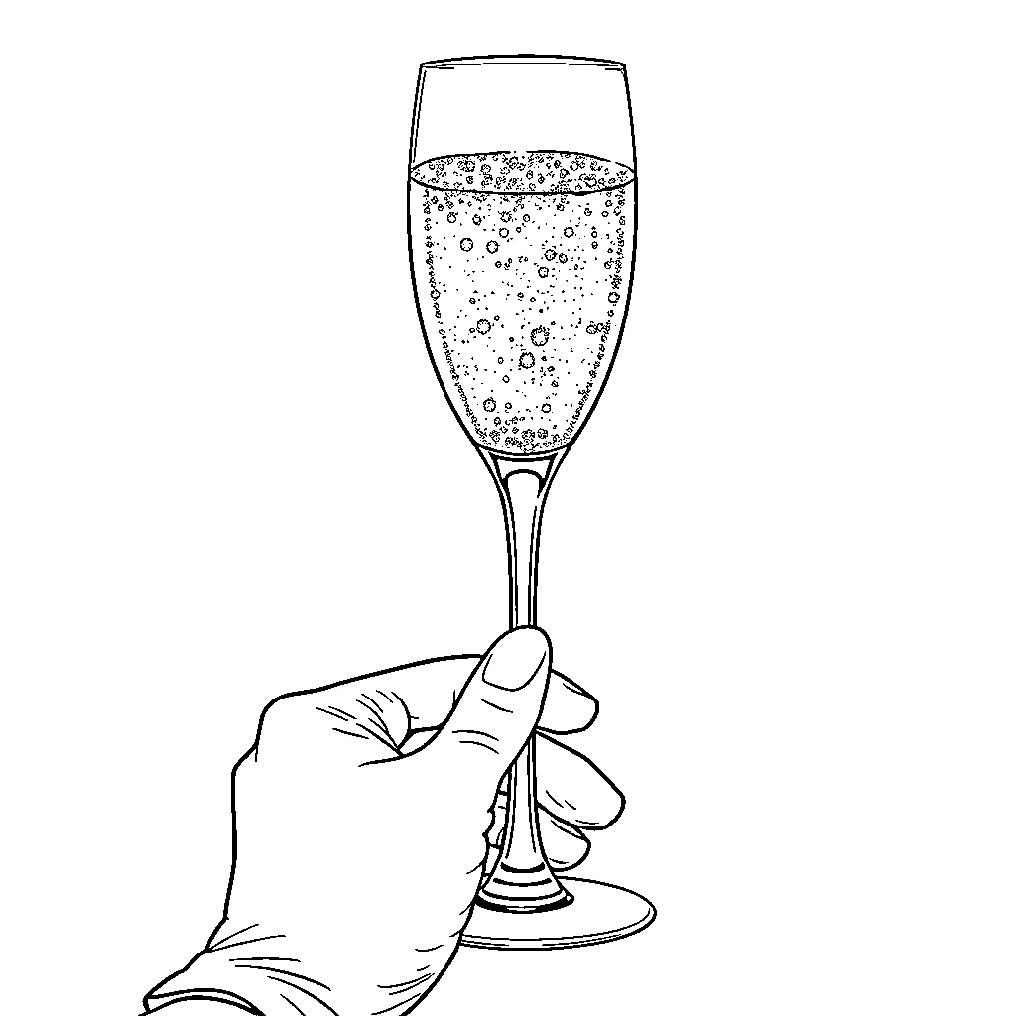Hand holding a glass of bubbly drink Coloring Page (free black-and-white line drawing printable PDF for all, from beginners to advanced learners, including children, teens, adults, and seniors)