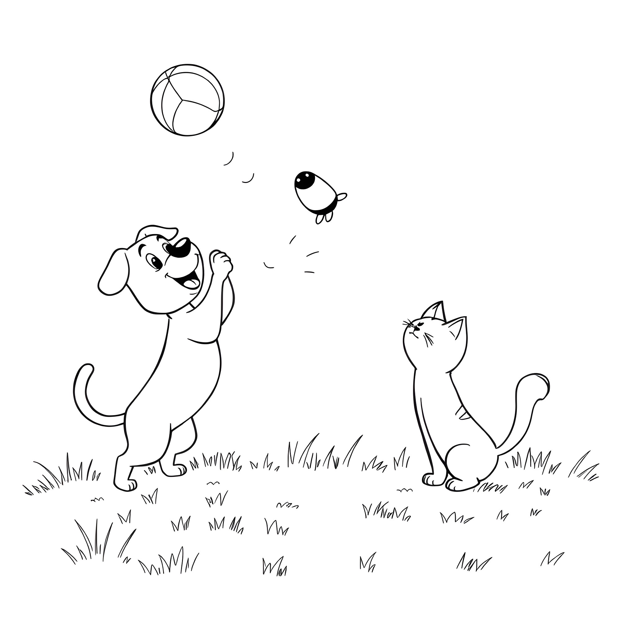 Dog and cat playing with ball in the park Coloring Page (free black-and-white line drawing printable PDF for all, from beginners to advanced learners, including children, teens, adults, and seniors)