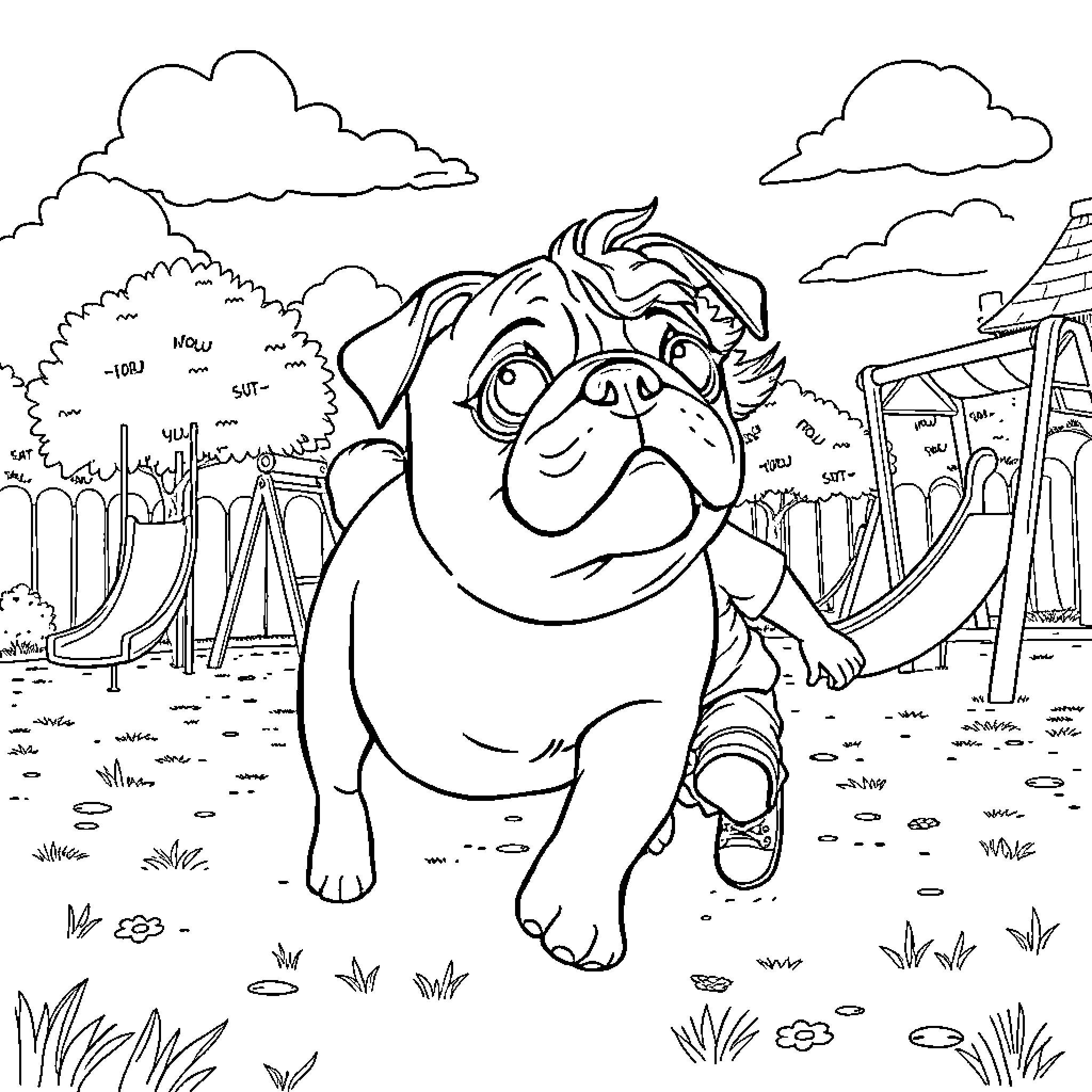 Pug enjoying a walk through the park Coloring Page (free black-and-white line drawing printable PDF for all, from beginners to advanced learners, including children, teens, adults, and seniors)