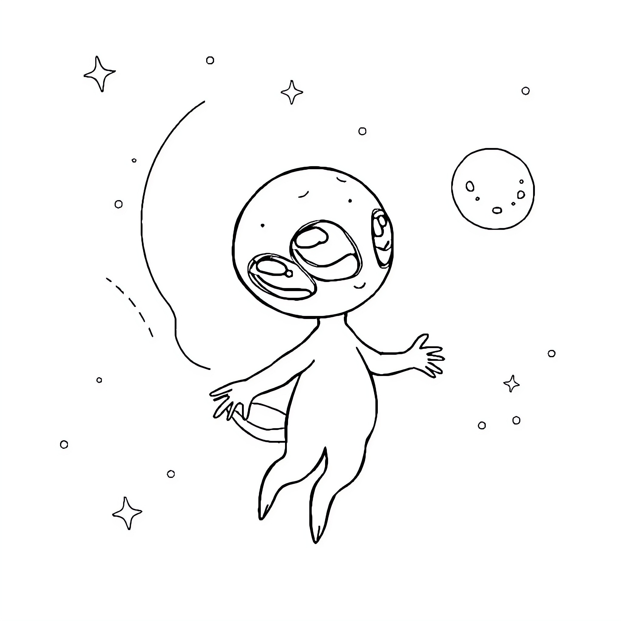 Alien exploring the stars in wonder Coloring Page (free black-and-white line drawing printable PDF for all, from beginners to advanced learners, including children, teens, adults, and seniors)