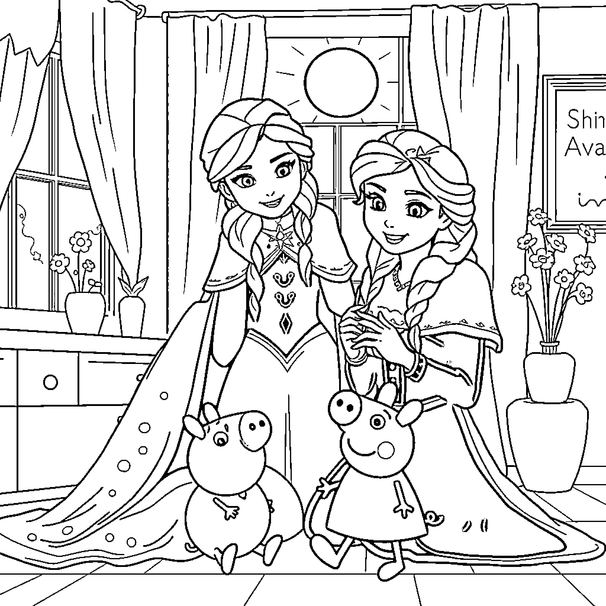 Elsa and Anna Enjoying a Magical Moment Together Coloring Page (free black-and-white line drawing printable PDF for all, from beginners to advanced learners, including children, teens, adults, and seniors)