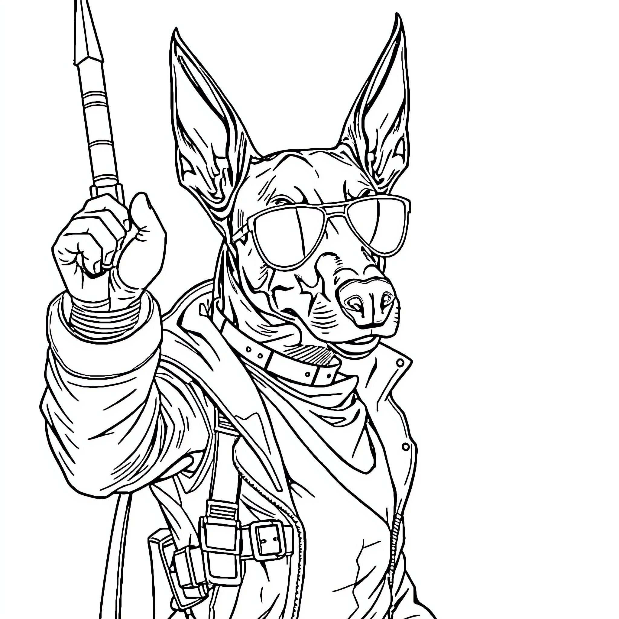 Doberman agent with gadgets and sunglasses Coloring Page (free black-and-white line drawing printable PDF for all, from beginners to advanced learners, including children, teens, adults, and seniors)