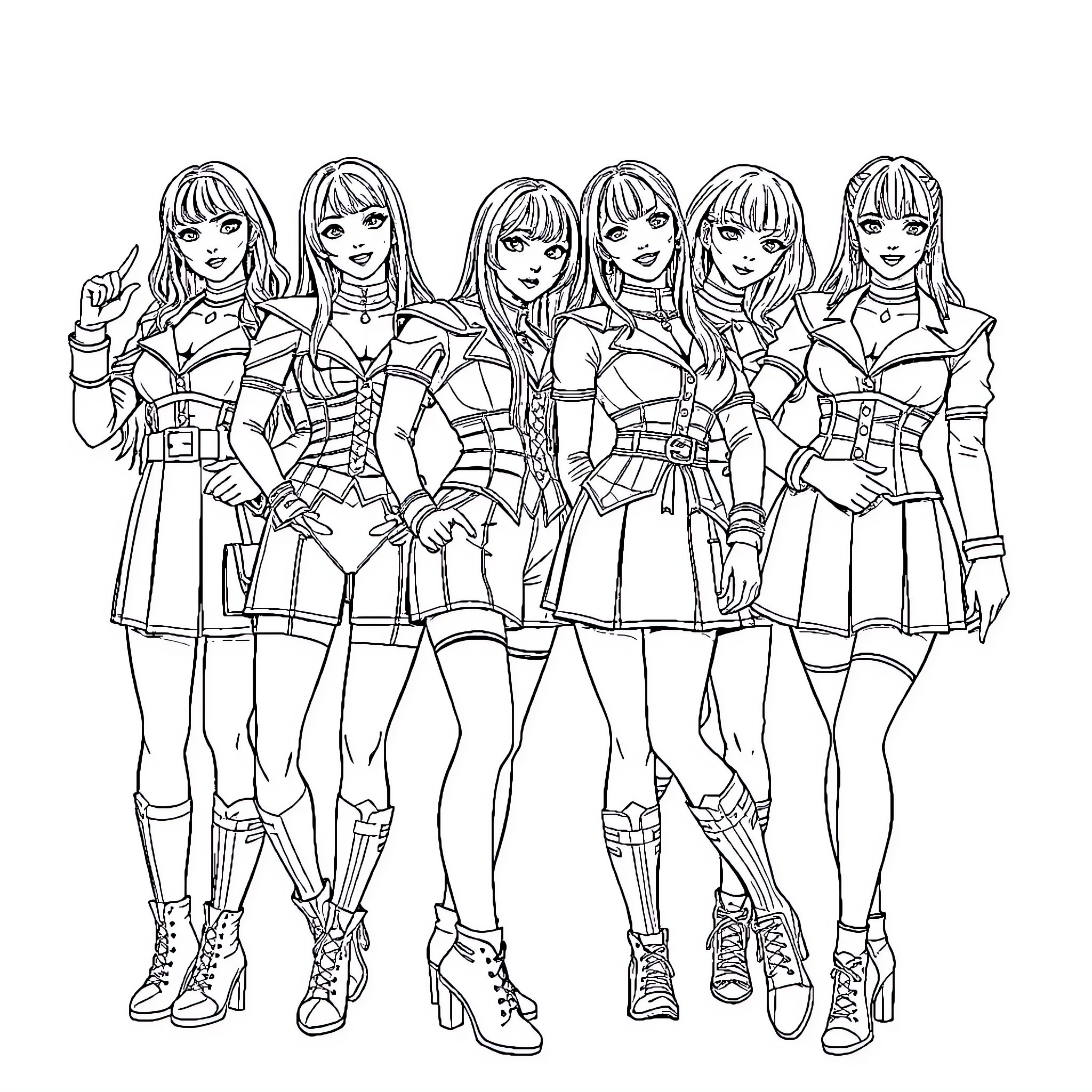 K-Pop Warriors in Futuristic Combat Outfits Coloring Page (free black-and-white line drawing printable PDF for all, from beginners to advanced learners, including children, teens, adults, and seniors)