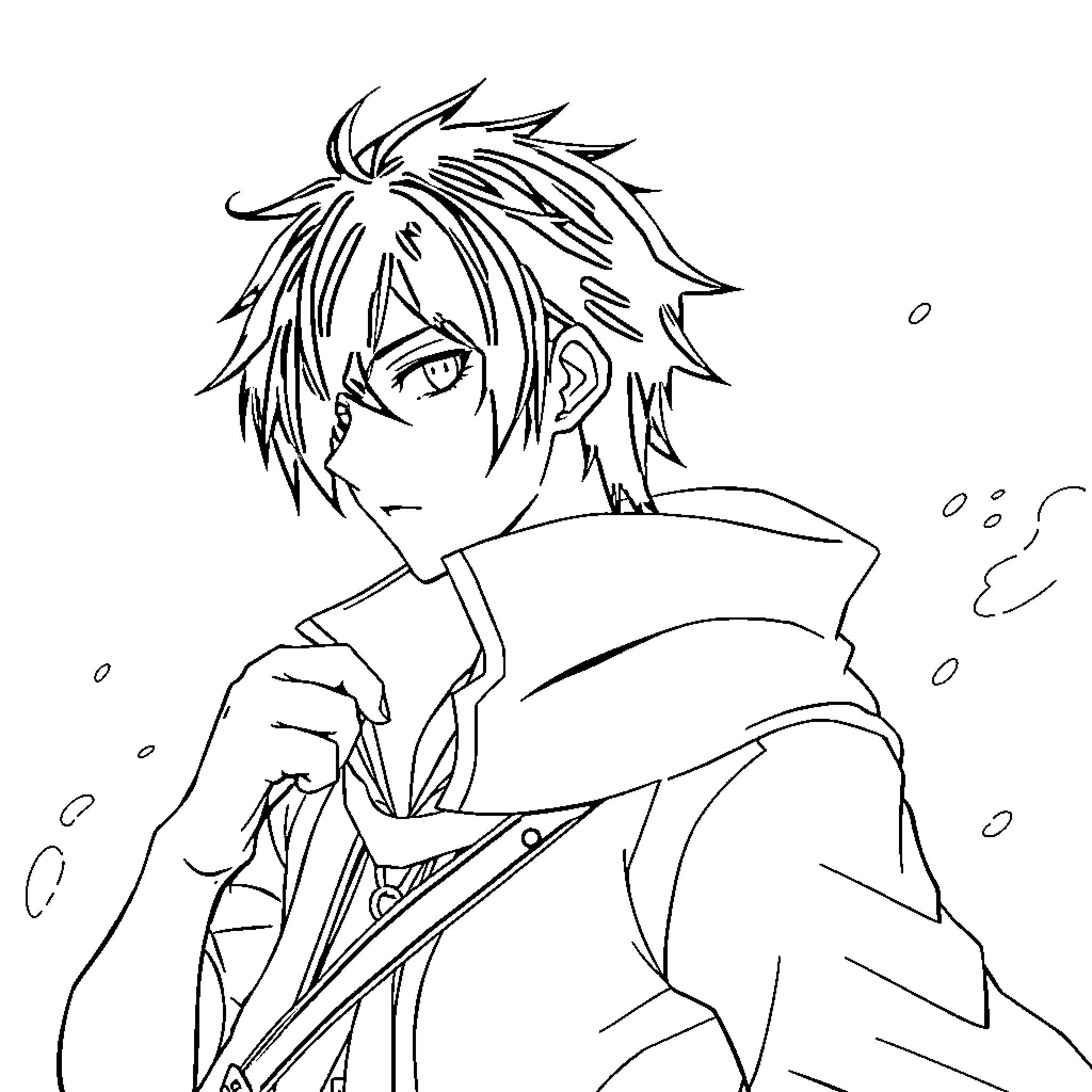 Kirito in contemplative pose with sword Coloring Page (free black-and-white line drawing printable PDF for all, from beginners to advanced learners, including children, teens, adults, and seniors)