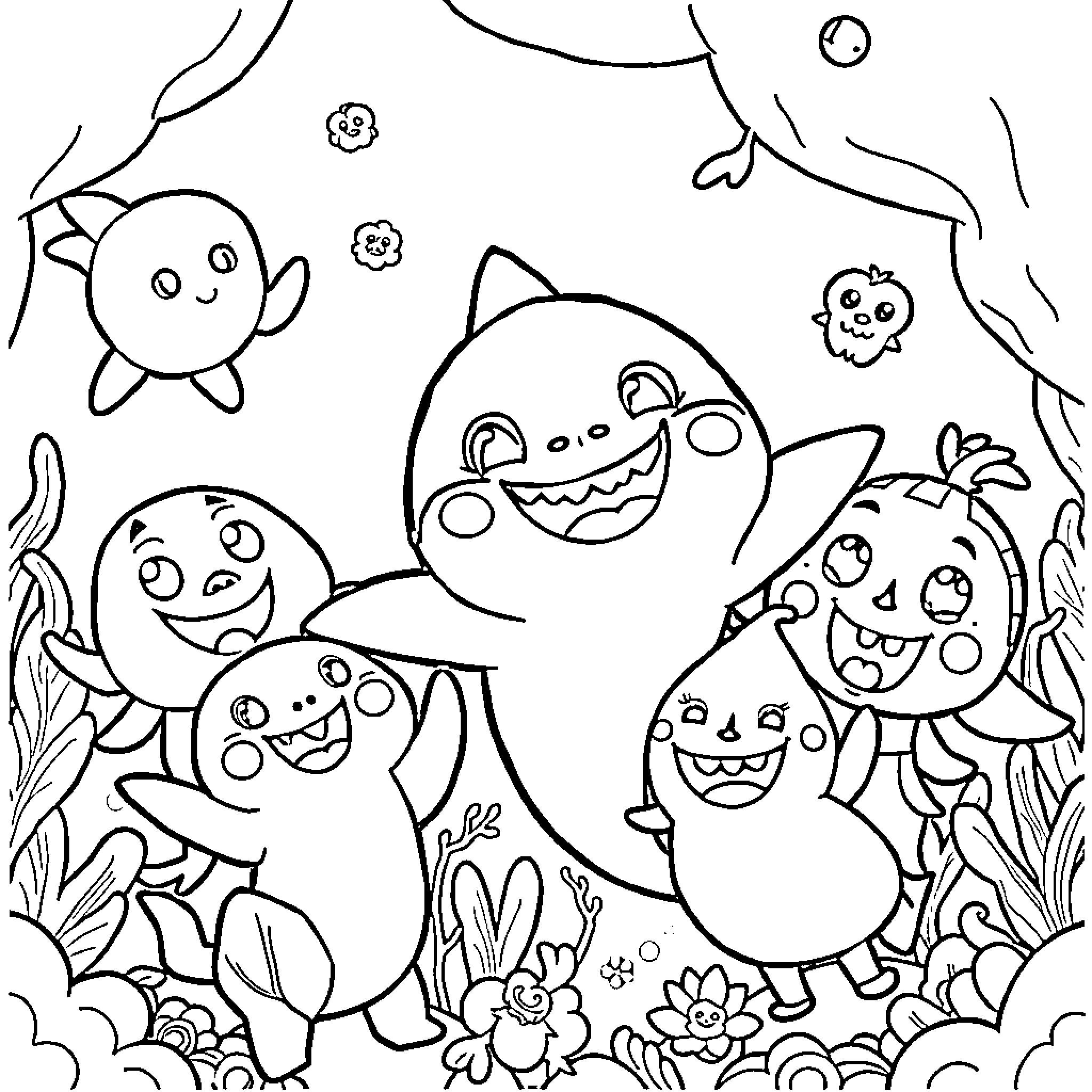 Baby Shark dancing with underwater friends Coloring Page (free black-and-white line drawing printable PDF for all, from beginners to advanced learners, including children, teens, adults, and seniors)