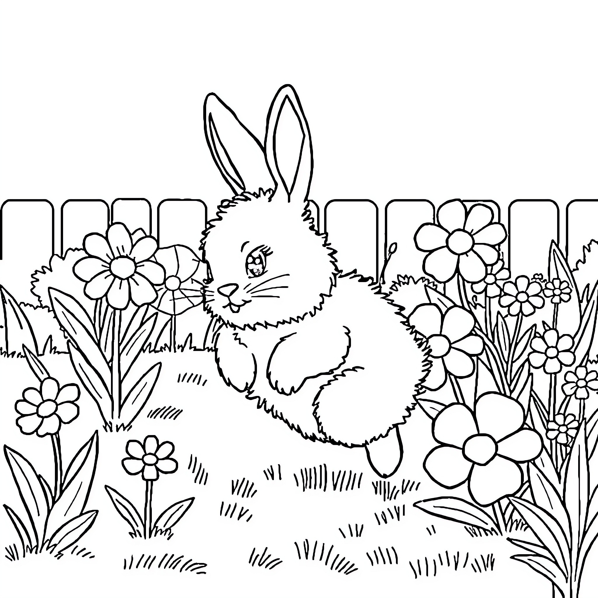 Bunny enjoying a flower-filled garden Coloring Page (free black-and-white line drawing printable PDF for all, from beginners to advanced learners, including children, teens, adults, and seniors)