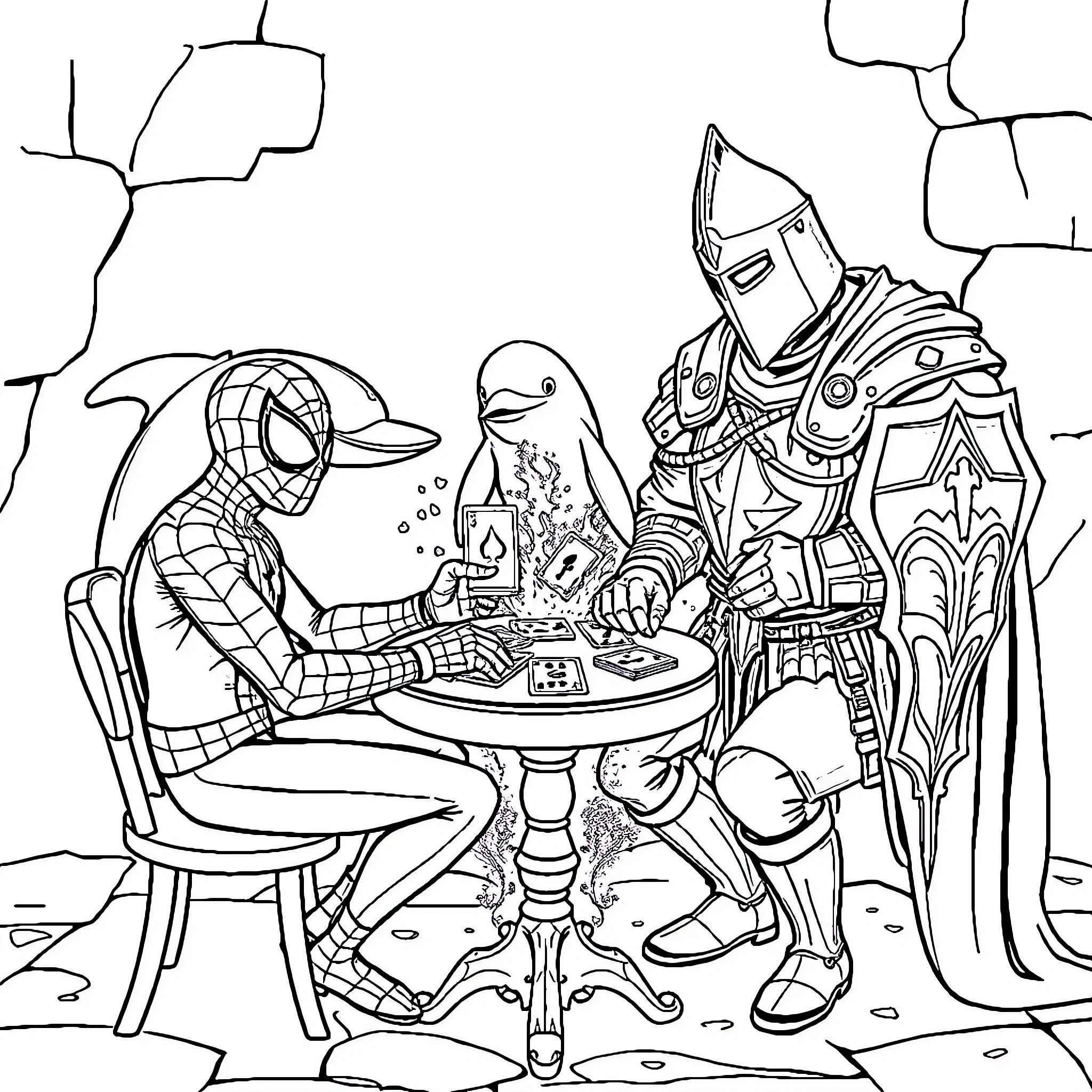 Spiderman and mysterious knight having a discussion Coloring Page (free black-and-white line drawing printable PDF for all, from beginners to advanced learners, including children, teens, adults, and seniors)