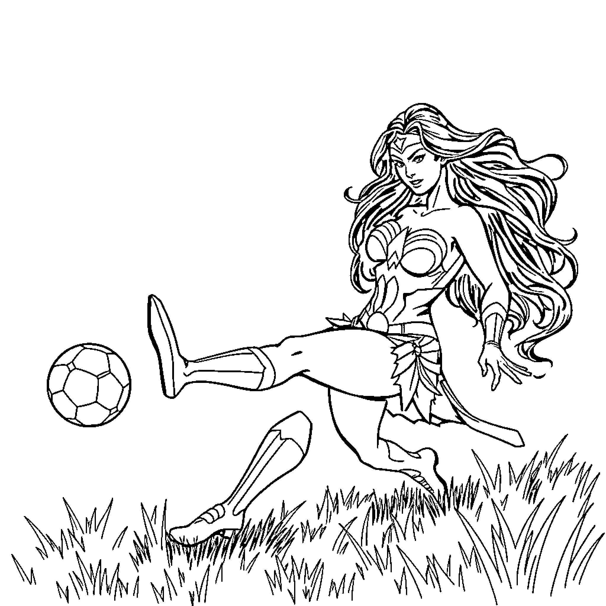 Wonder Woman playing soccer in a grassy field Coloring Page (free black-and-white line drawing printable PDF for all, from beginners to advanced learners, including children, teens, adults, and seniors)