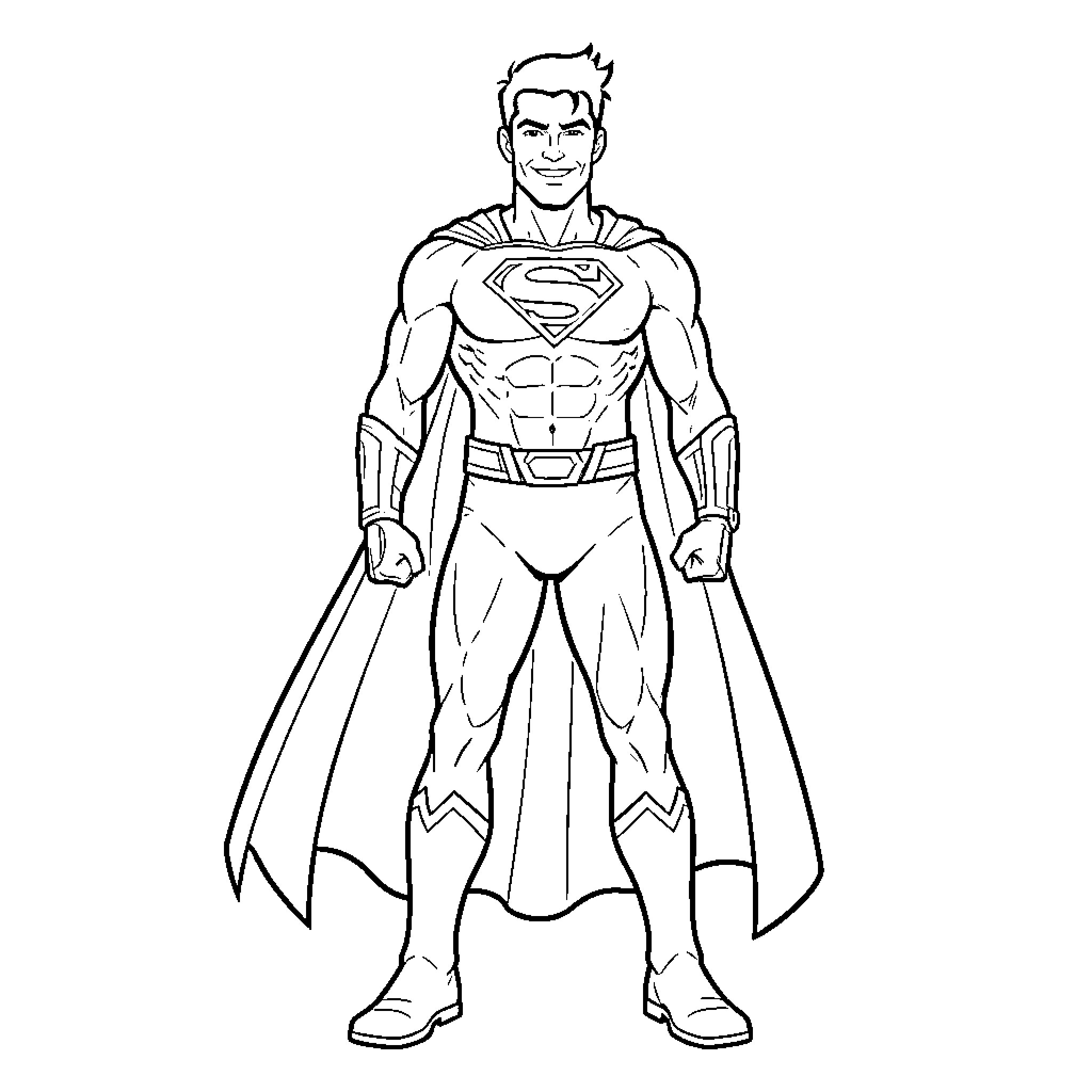 Super Hero standing heroically in a powerful pose Coloring Page (free black-and-white line drawing printable PDF for all, from beginners to advanced learners, including children, teens, adults, and seniors)