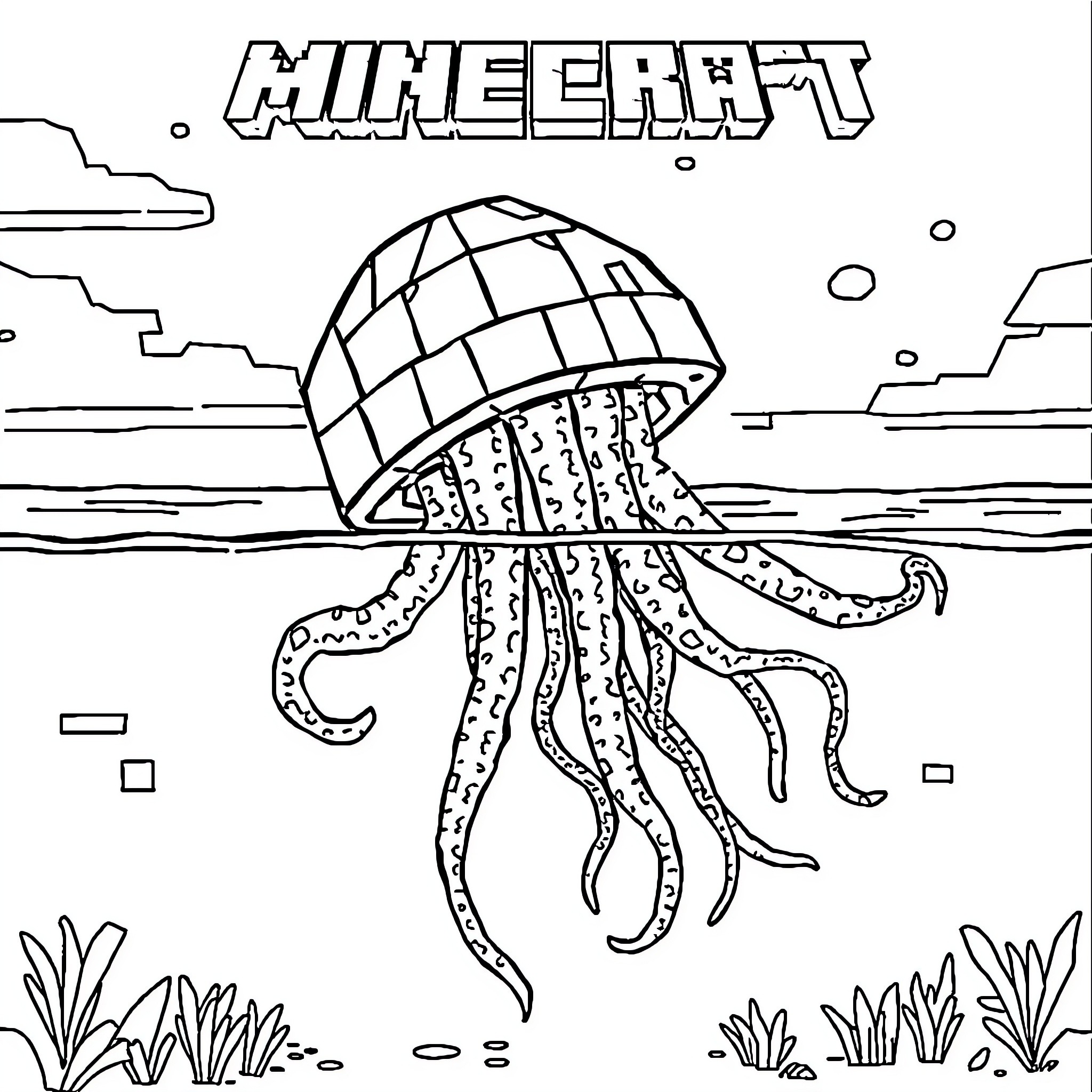 Jellyfish emerging from the Minecraft sea Coloring Page (free black-and-white line drawing printable PDF for all, from beginners to advanced learners, including children, teens, adults, and seniors)