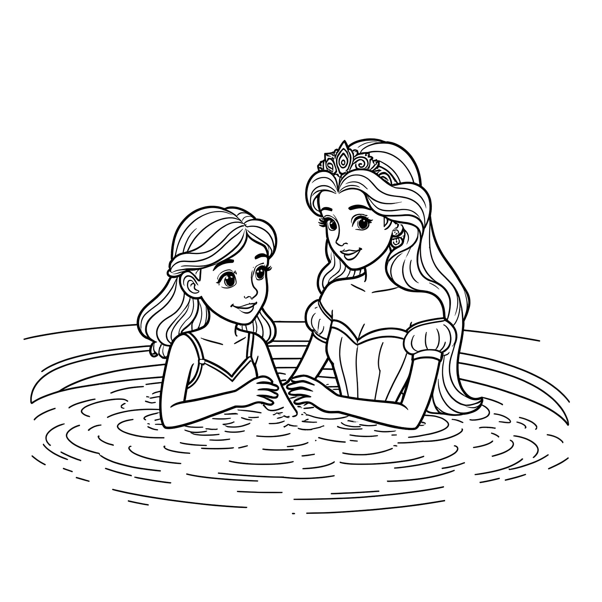 Princess Sisters Playing in the Enchanted Lake Coloring Page (free black-and-white line drawing printable PDF for all, from beginners to advanced learners, including children, teens, adults, and seniors)