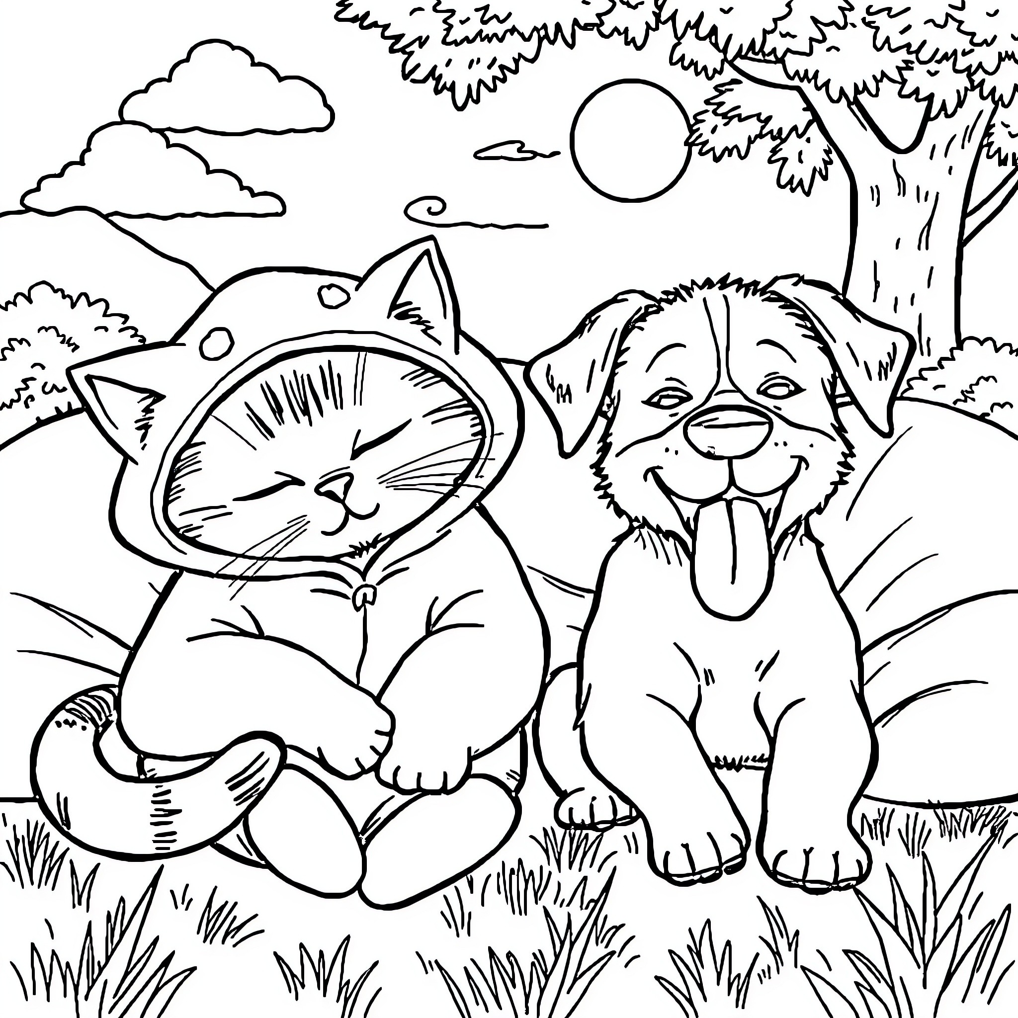 Cat and Puppy Playing Outdoors Coloring Page (free black-and-white line drawing printable PDF for all, from beginners to advanced learners, including children, teens, adults, and seniors)