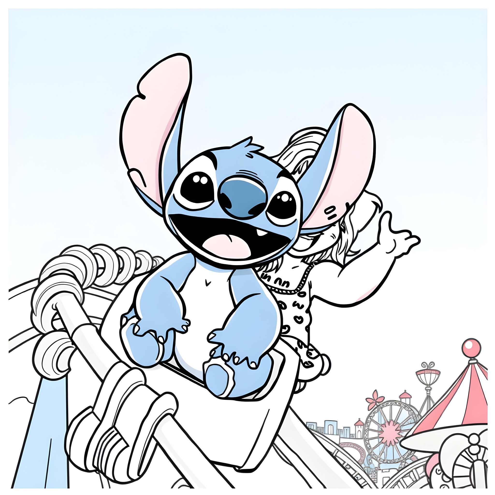 Lilo playing joyfully with whimsical toys Coloring Page (free black-and-white line drawing printable PDF for all, from beginners to advanced learners, including children, teens, adults, and seniors)