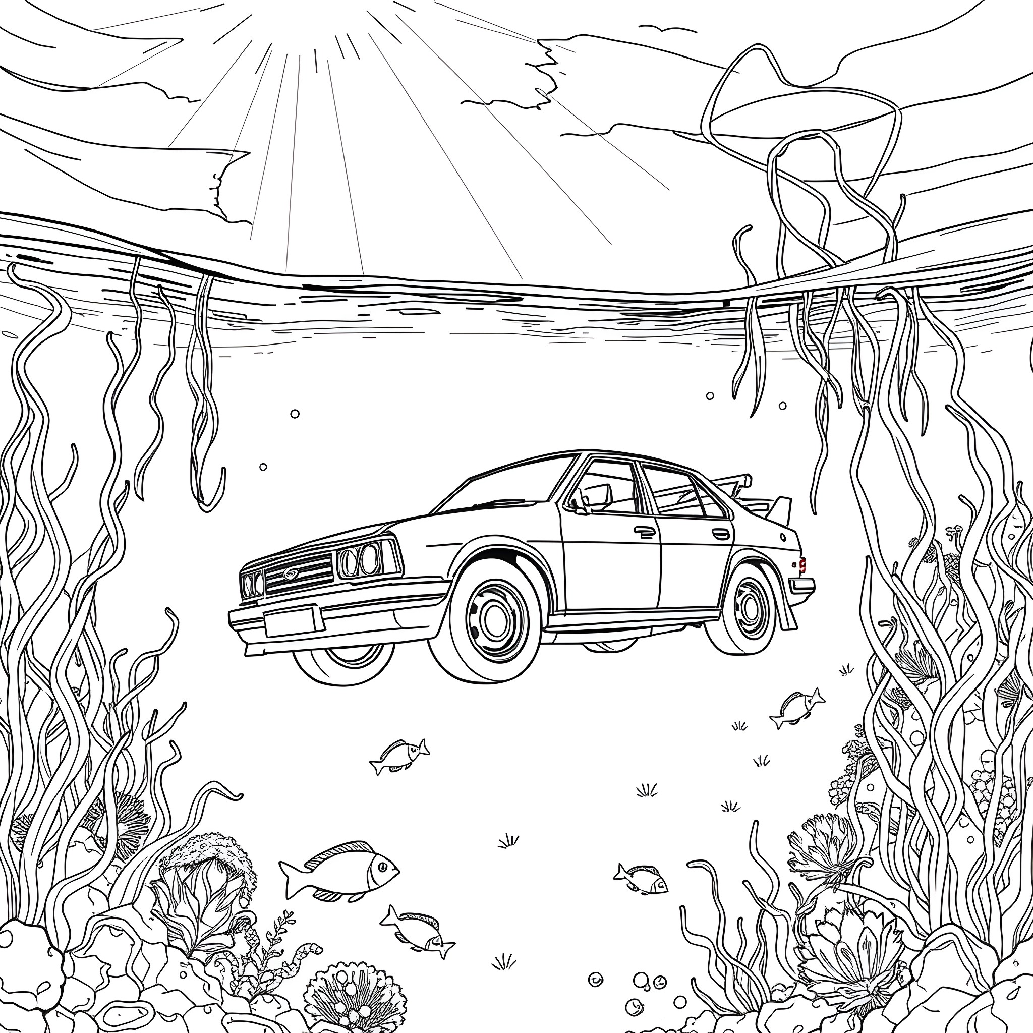 Car under the ocean waves with marine life Coloring Page (free black-and-white line drawing printable PDF for all, from beginners to advanced learners, including children, teens, adults, and seniors)