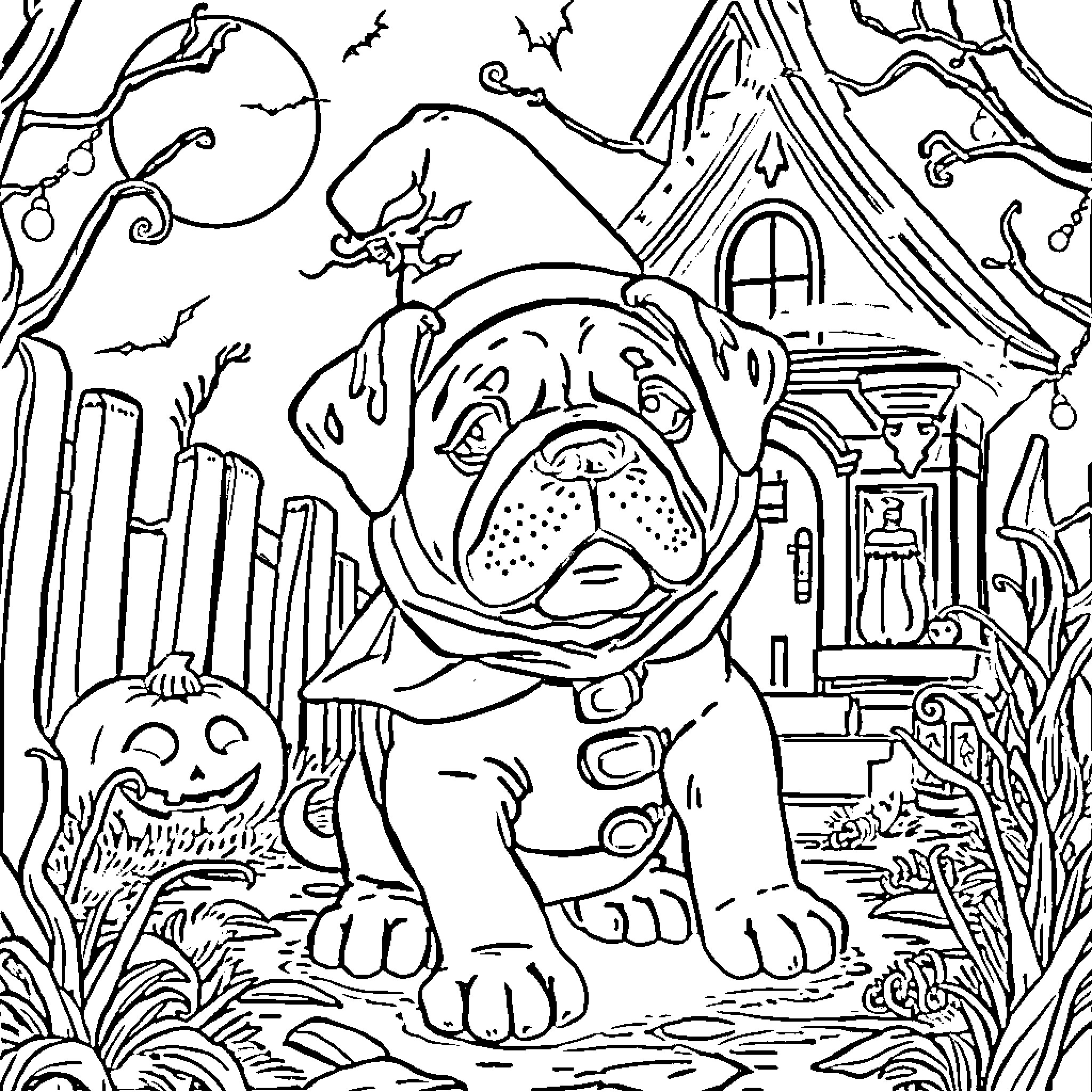 Mastiff pup exploring a spooky Halloween scene Coloring Page (free black-and-white line drawing printable PDF for all, from beginners to advanced learners, including children, teens, adults, and seniors)