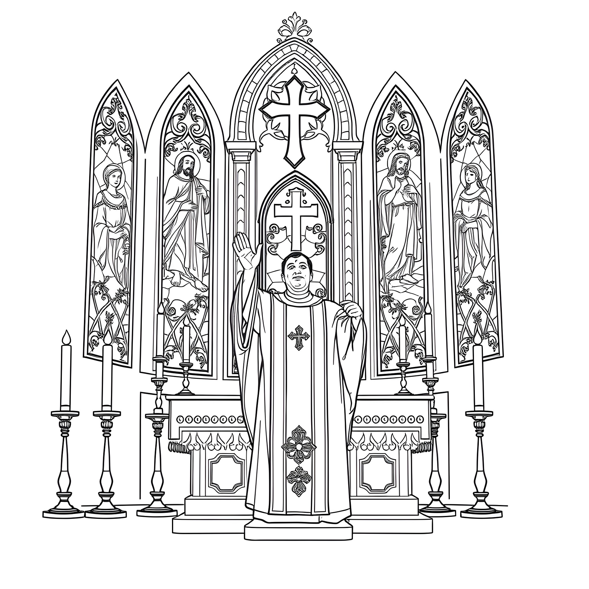 Priest Performing Religious Ceremony in Church Coloring Page (free black-and-white line drawing printable PDF for all, from beginners to advanced learners, including children, teens, adults, and seniors)