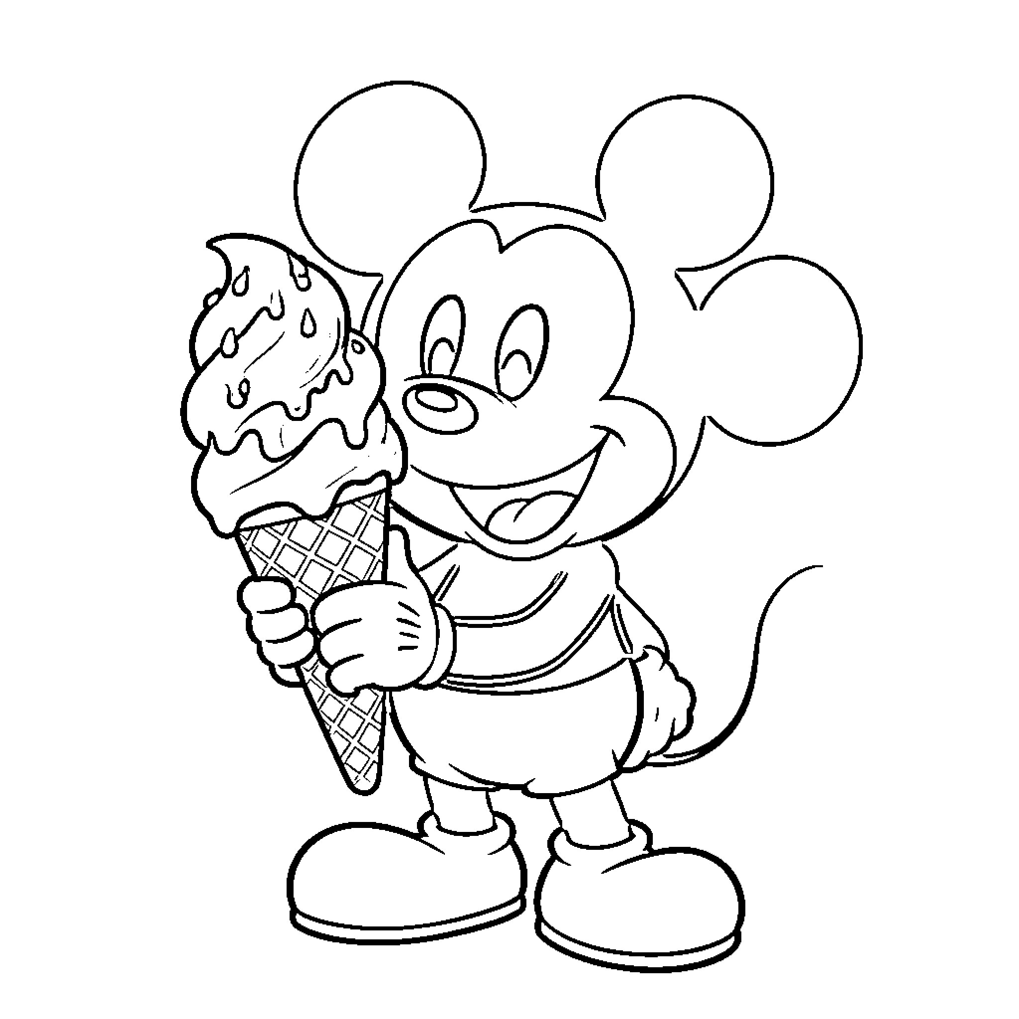 Mickey enjoying a delicious ice cream treat Coloring Page (free black-and-white line drawing printable PDF for all, from beginners to advanced learners, including children, teens, adults, and seniors)