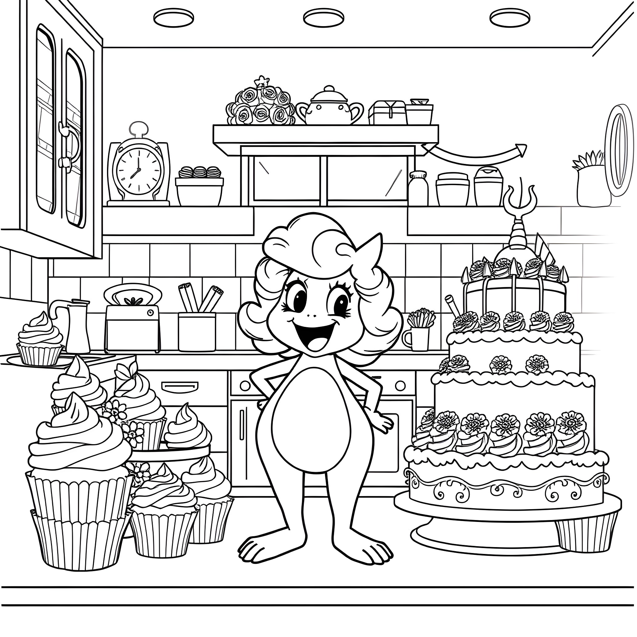 Cake-baking monster happily surrounded by sweets in the kitchen Coloring Page (free black-and-white line drawing printable PDF for all, from beginners to advanced learners, including children, teens, adults, and seniors)