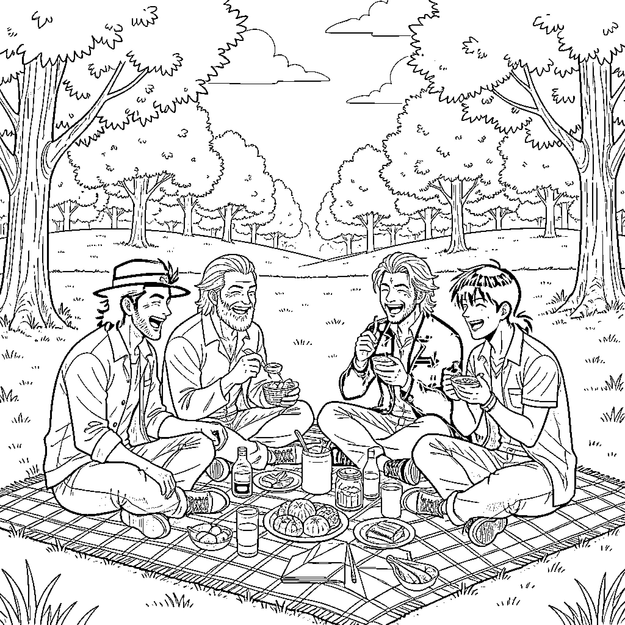 Arcobaleno Friends Enjoying an Outdoor Picnic Coloring Page (free black-and-white line drawing printable PDF for all, from beginners to advanced learners, including children, teens, adults, and seniors)