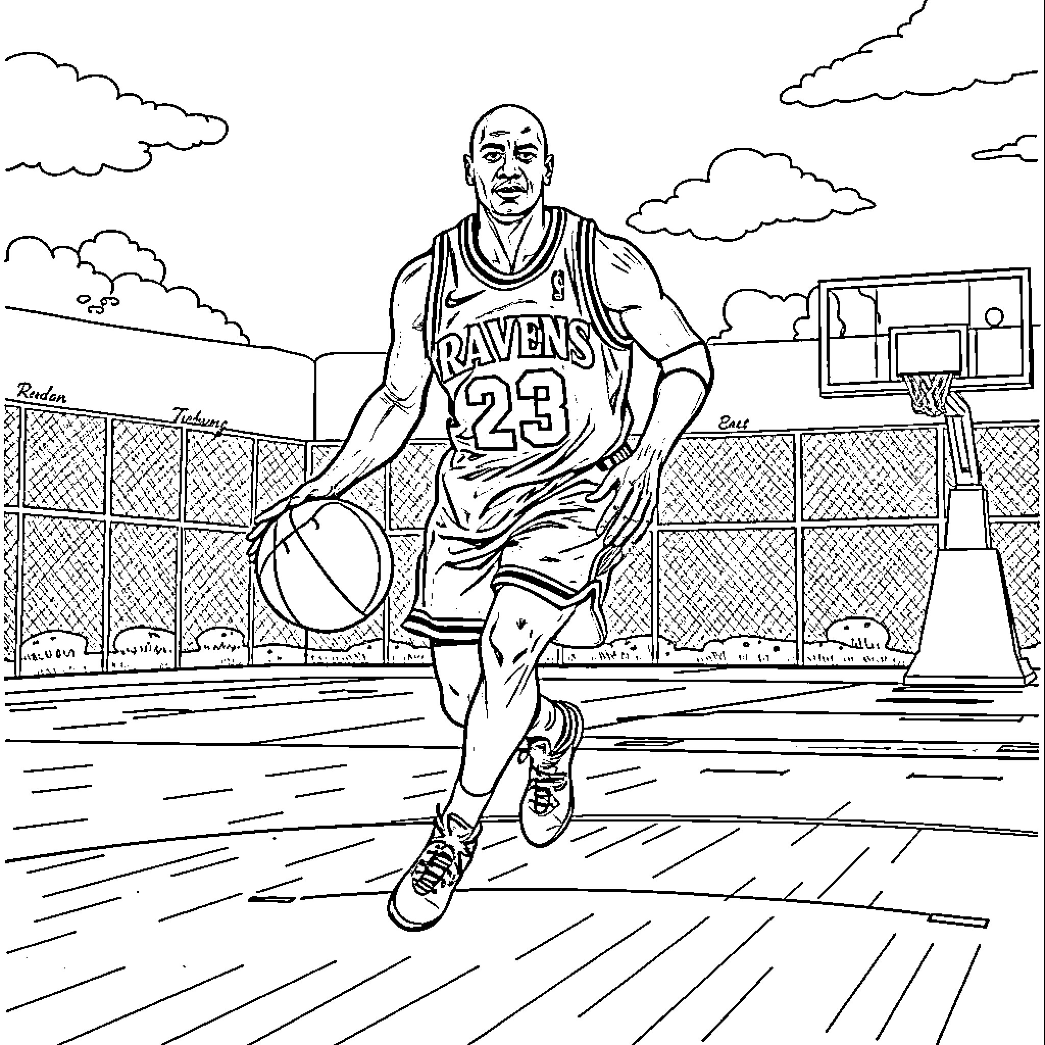 Michael Jordan playing basketball on the court Coloring Page (free black-and-white line drawing printable PDF for all, from beginners to advanced learners, including children, teens, adults, and seniors)