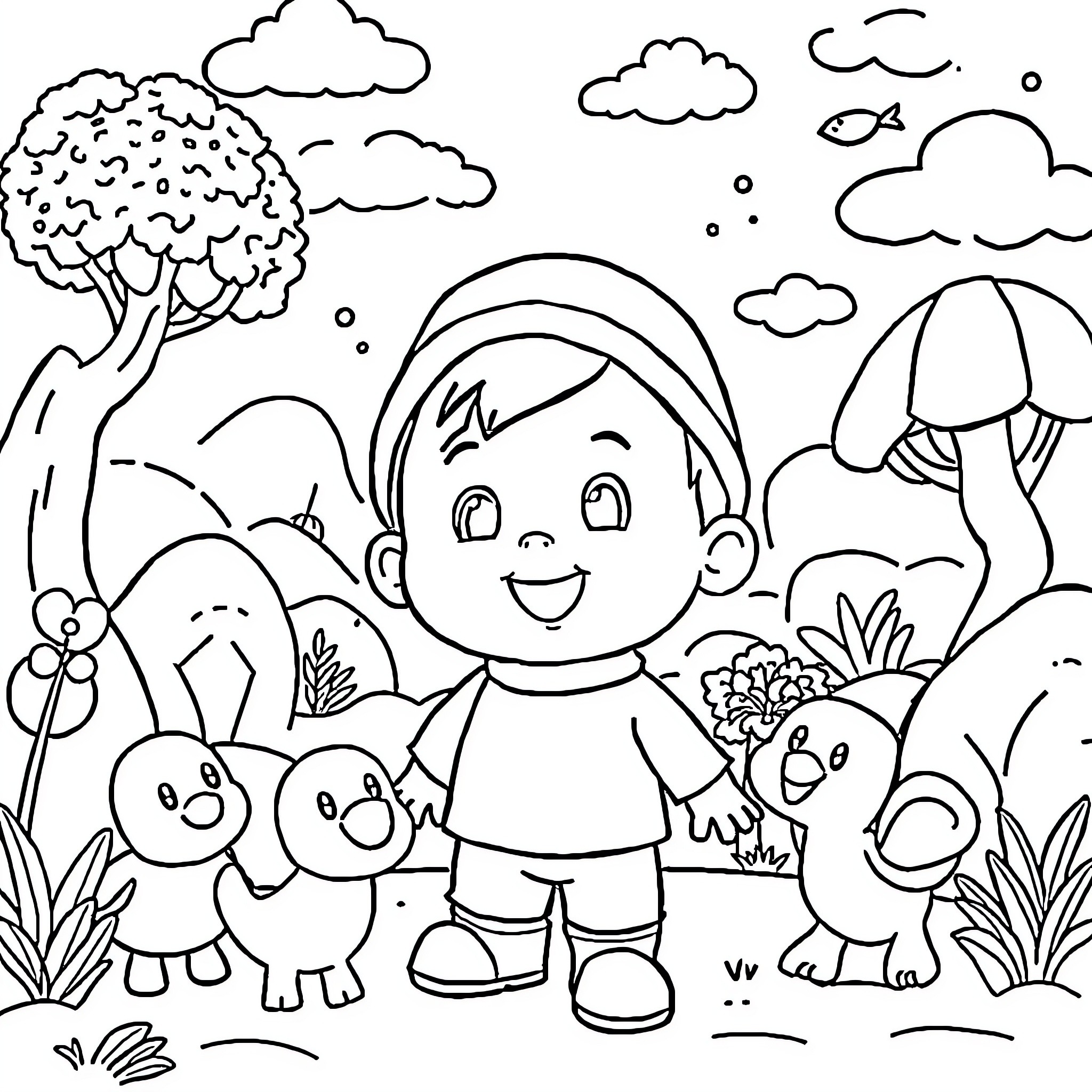 Pocoyo enjoying nature with animal friends Coloring Page (free black-and-white line drawing printable PDF for all, from beginners to advanced learners, including children, teens, adults, and seniors)