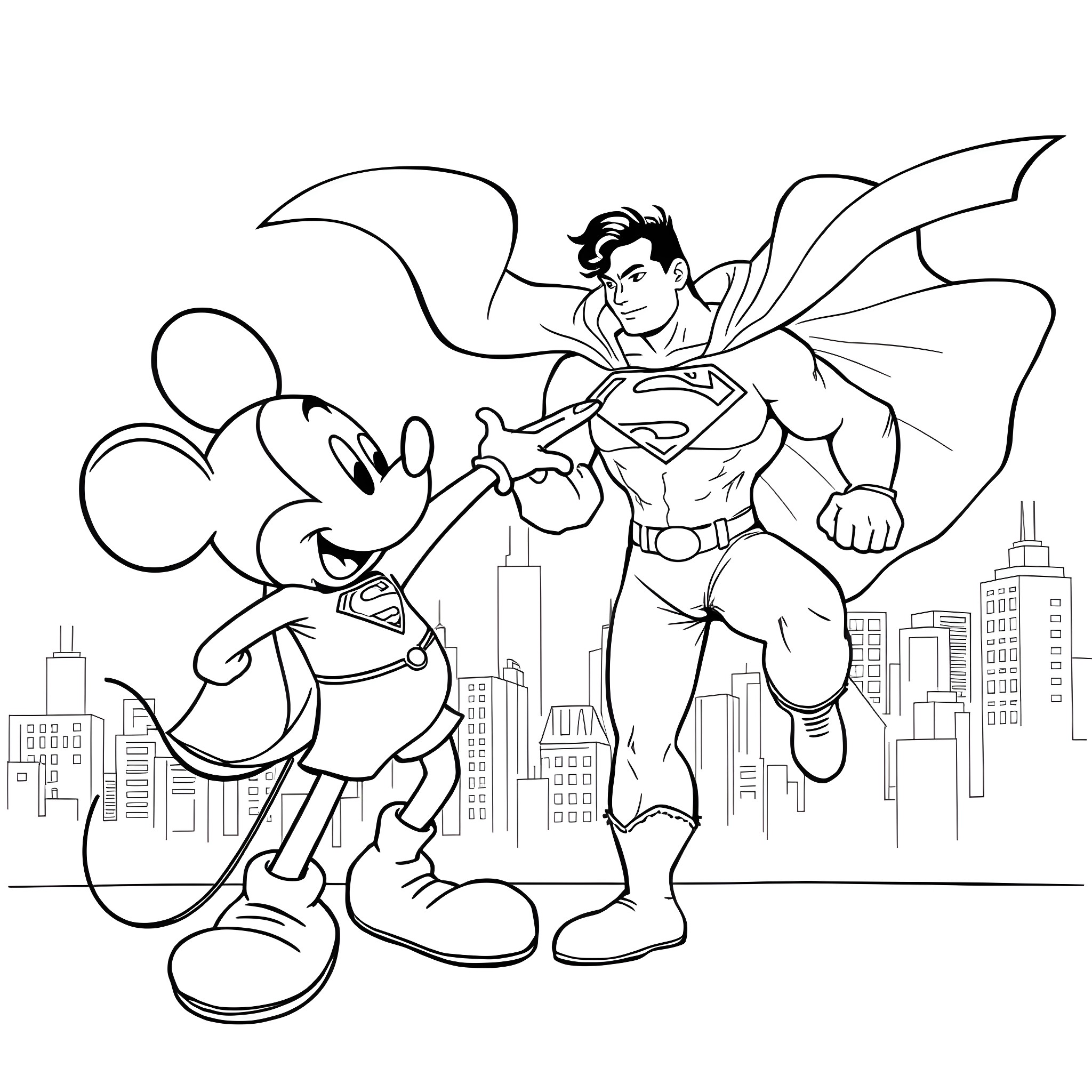 Mickey Mouse and Superman flying over the city Coloring Page (free black-and-white line drawing printable PDF for all, from beginners to advanced learners, including children, teens, adults, and seniors)