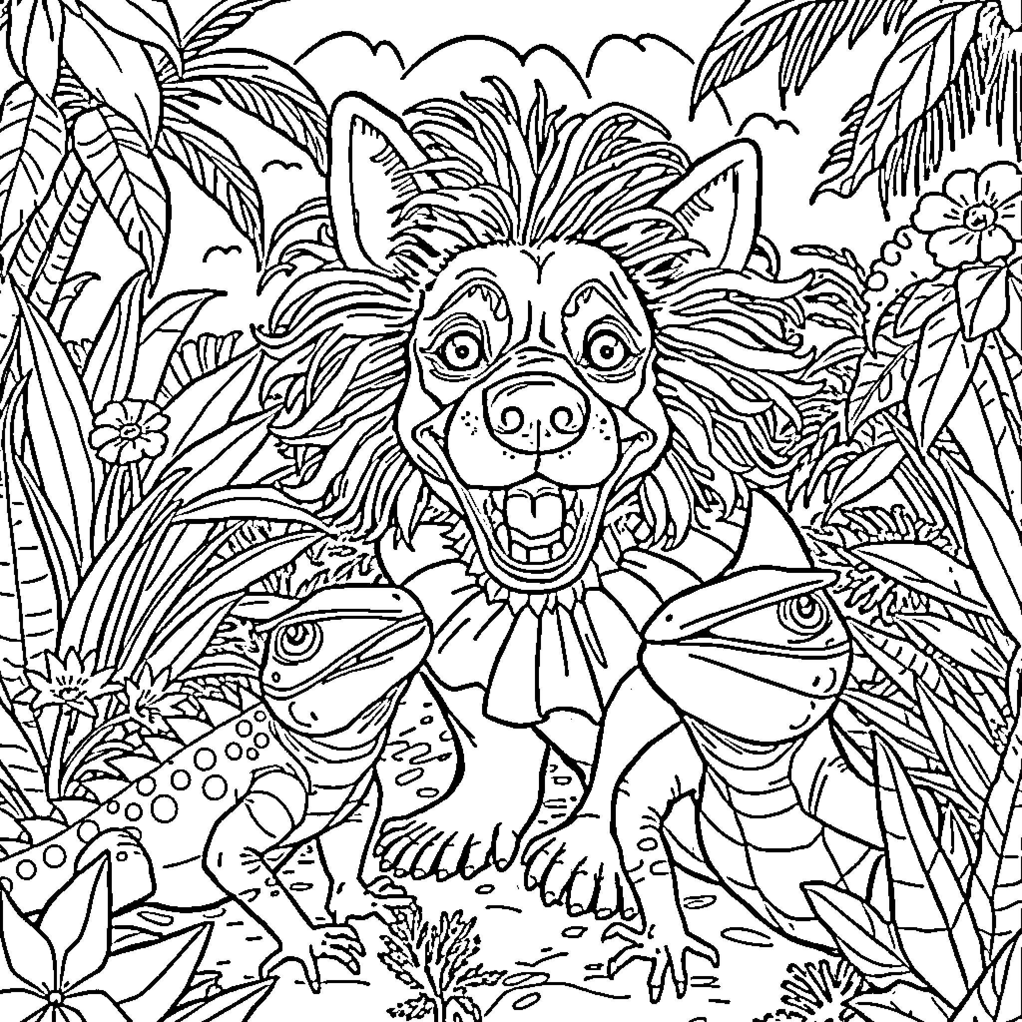 Clown Dog frolicking in a lush jungle scene Coloring Page (free black-and-white line drawing printable PDF for all, from beginners to advanced learners, including children, teens, adults, and seniors)