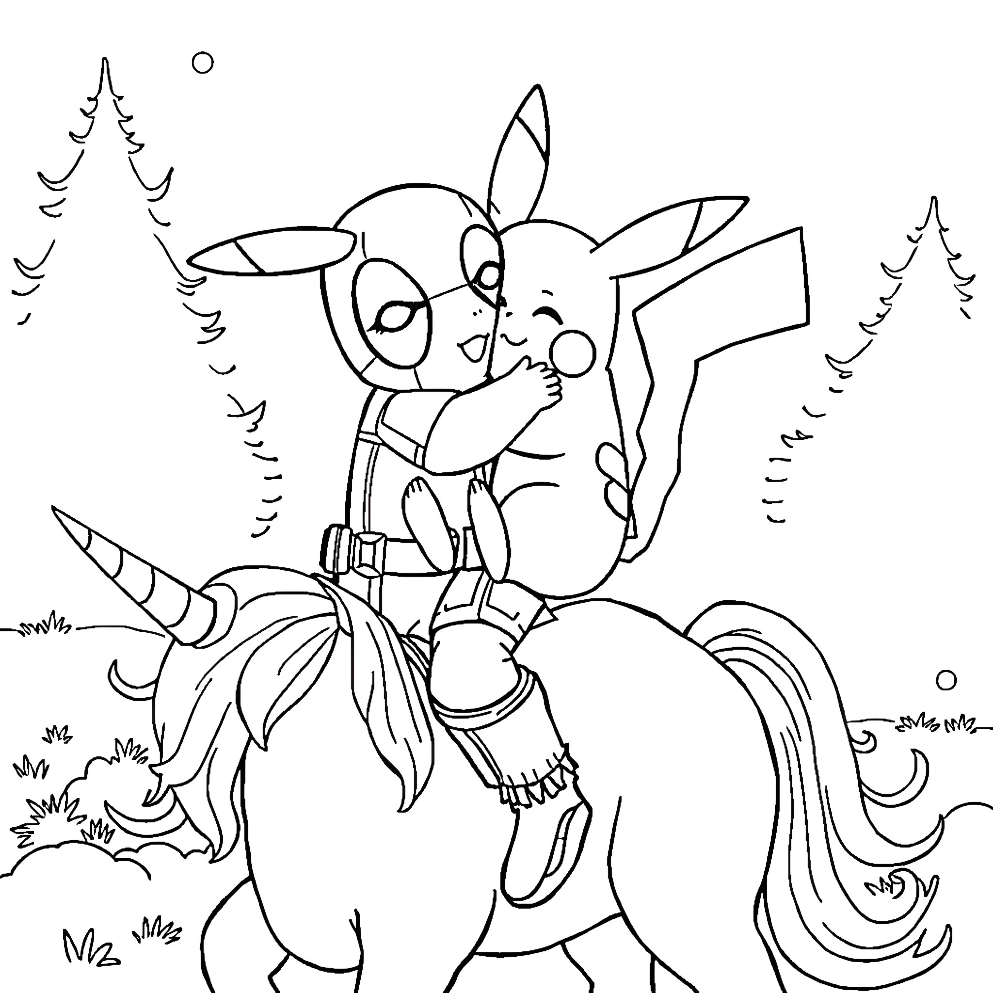 Pikachu riding a unicorn in the forest Coloring Page (free black-and-white line drawing printable PDF for all, from beginners to advanced learners, including children, teens, adults, and seniors)