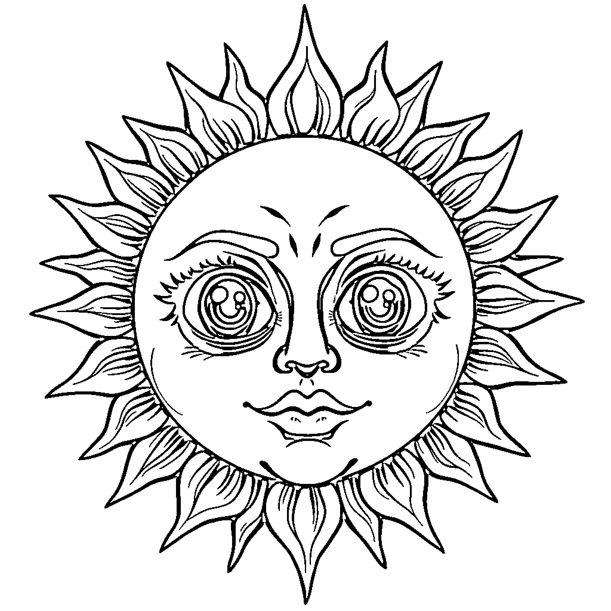 Sun with Smiling Face and Intricate Pattern Coloring Page (free black-and-white line drawing printable PDF for all, from beginners to advanced learners, including children, teens, adults, and seniors)