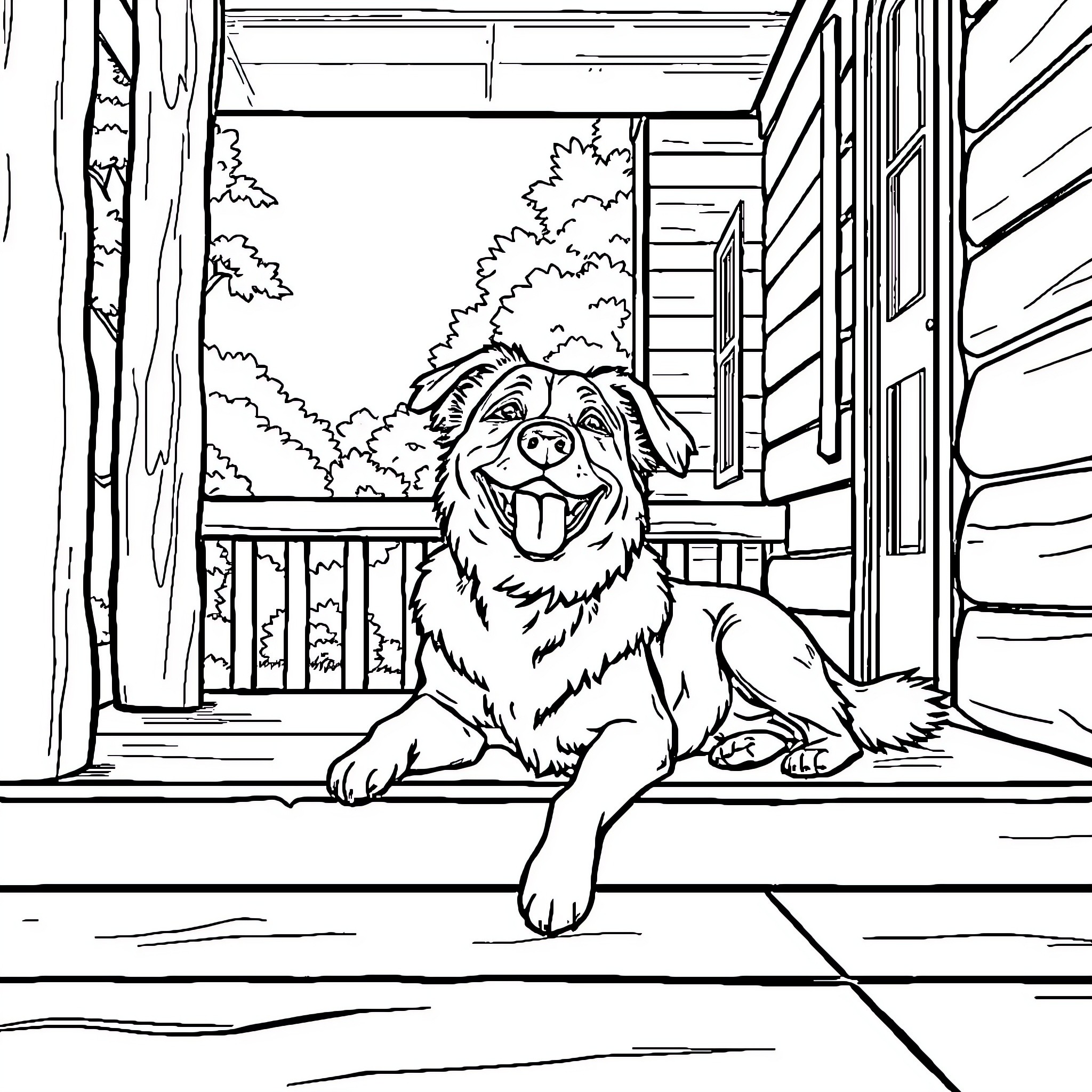 Dog happily sitting on porch overlooking scenic view Coloring Page (free black-and-white line drawing printable PDF for all, from beginners to advanced learners, including children, teens, adults, and seniors)