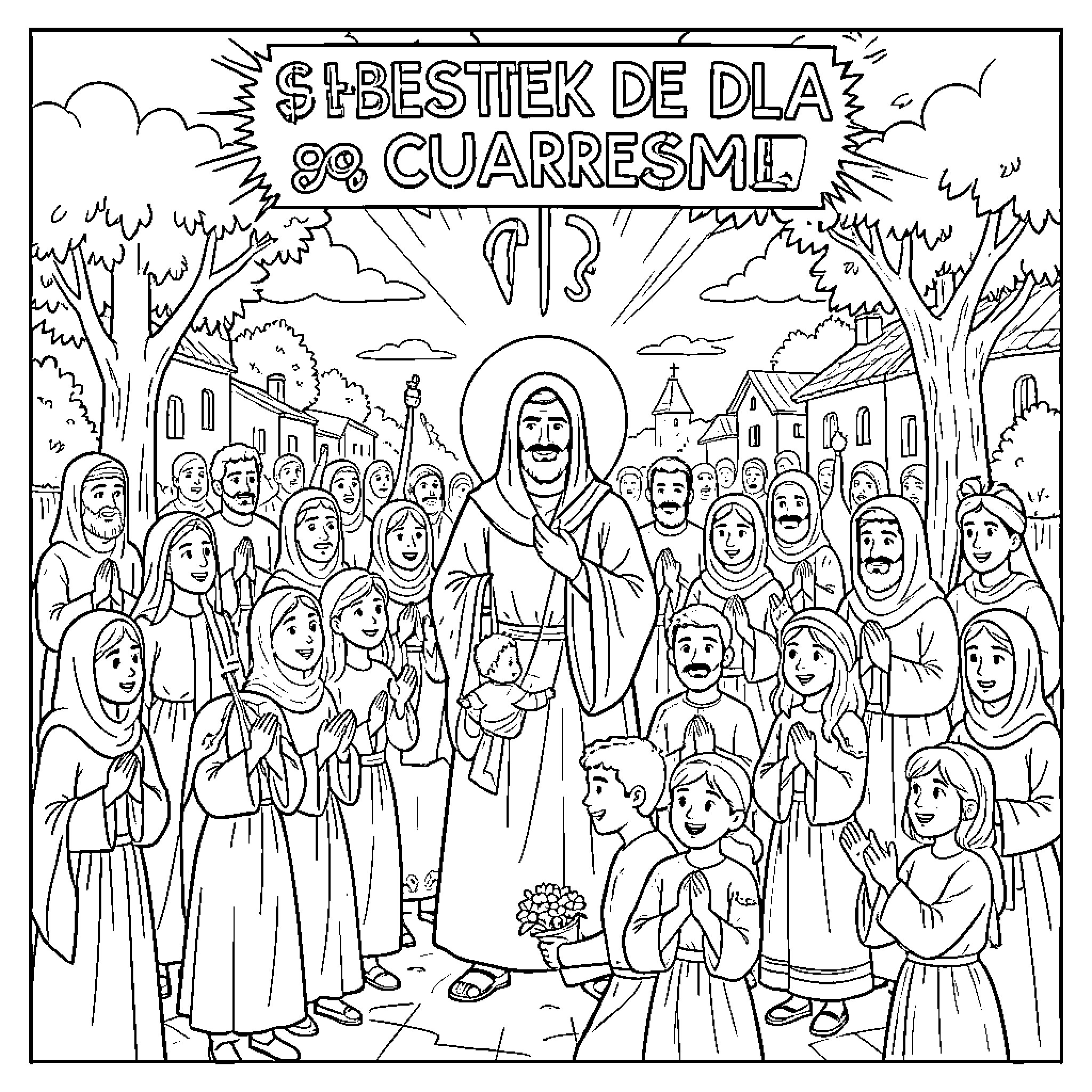 Cuaresma: Religious Gathering in the Community Coloring Page (free black-and-white line drawing printable PDF for all, from beginners to advanced learners, including children, teens, adults, and seniors)