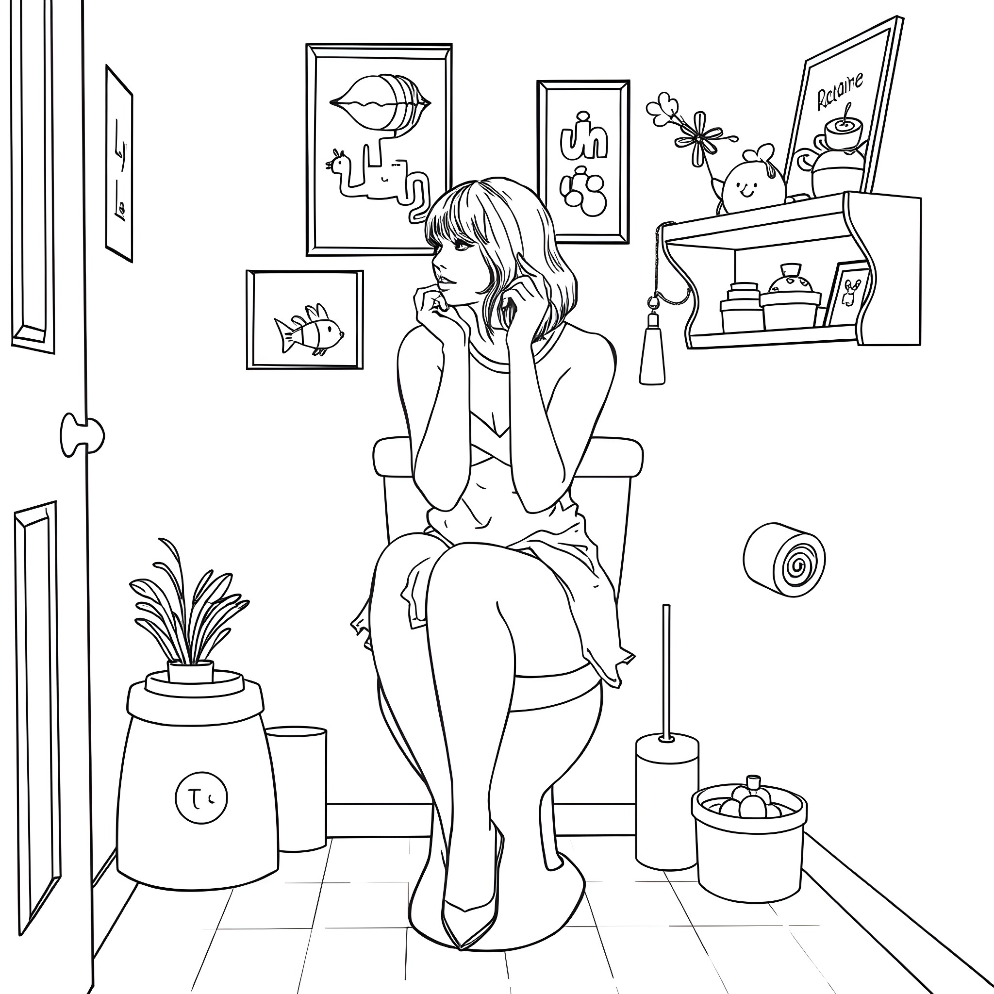 Taylor Swift lounging thoughtfully in a cozy home setting Coloring Page (free black-and-white line drawing printable PDF for all, from beginners to advanced learners, including children, teens, adults, and seniors)