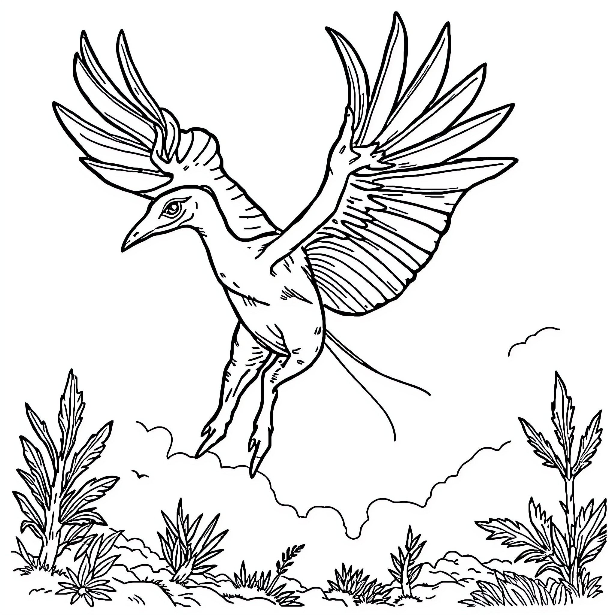 Pterodactyl soaring gracefully over a lush landscape Coloring Page (free black-and-white line drawing printable PDF for all, from beginners to advanced learners, including children, teens, adults, and seniors)