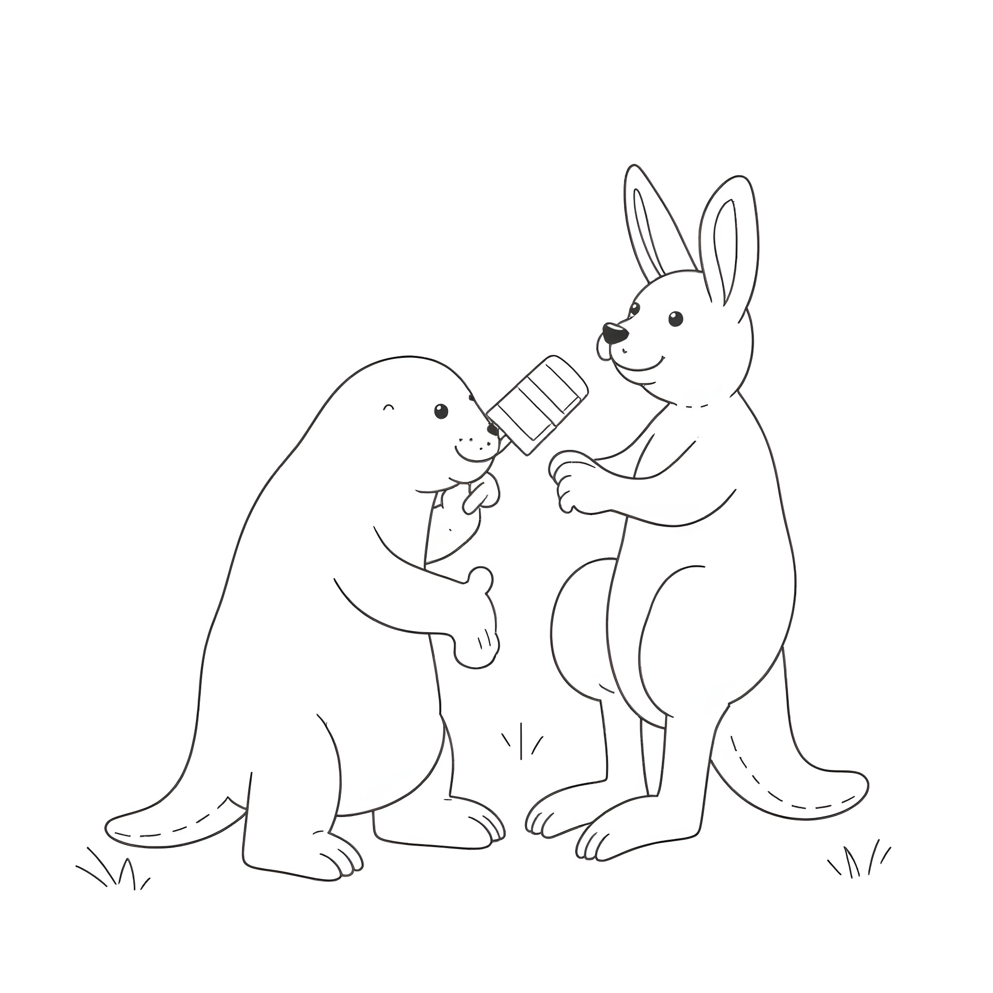 Walrus and rabbit enjoying a friendly interaction Coloring Page (free black-and-white line drawing printable PDF for all, from beginners to advanced learners, including children, teens, adults, and seniors)