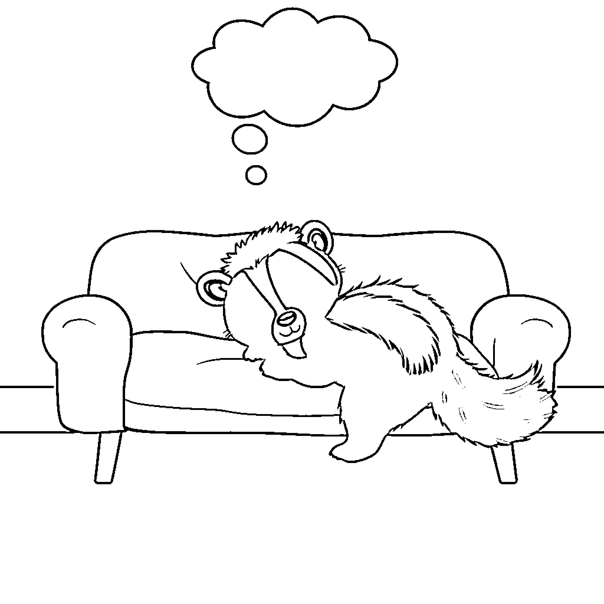 Skunk daydreaming on the couch Coloring Page (free black-and-white line drawing printable PDF for all, from beginners to advanced learners, including children, teens, adults, and seniors)