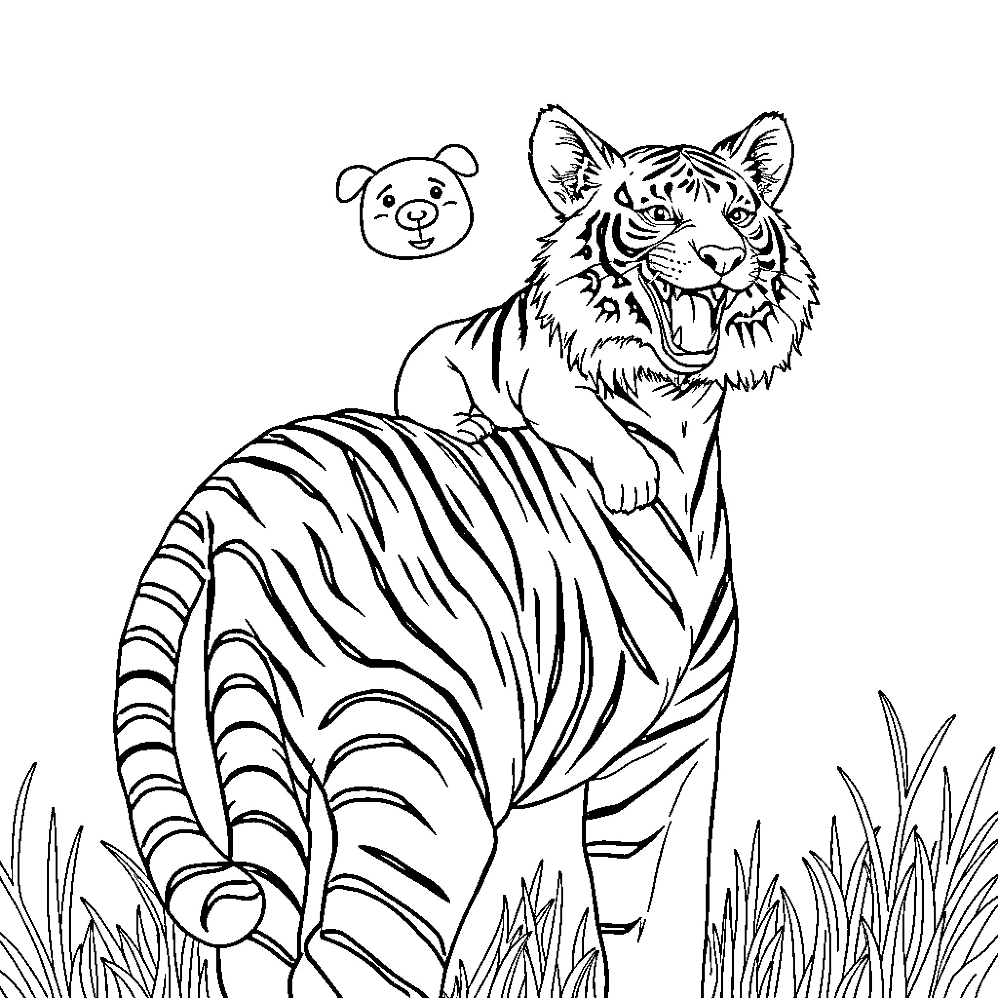 Dog and Tiger Playing in the Grass Coloring Page (free black-and-white line drawing printable PDF for all, from beginners to advanced learners, including children, teens, adults, and seniors)