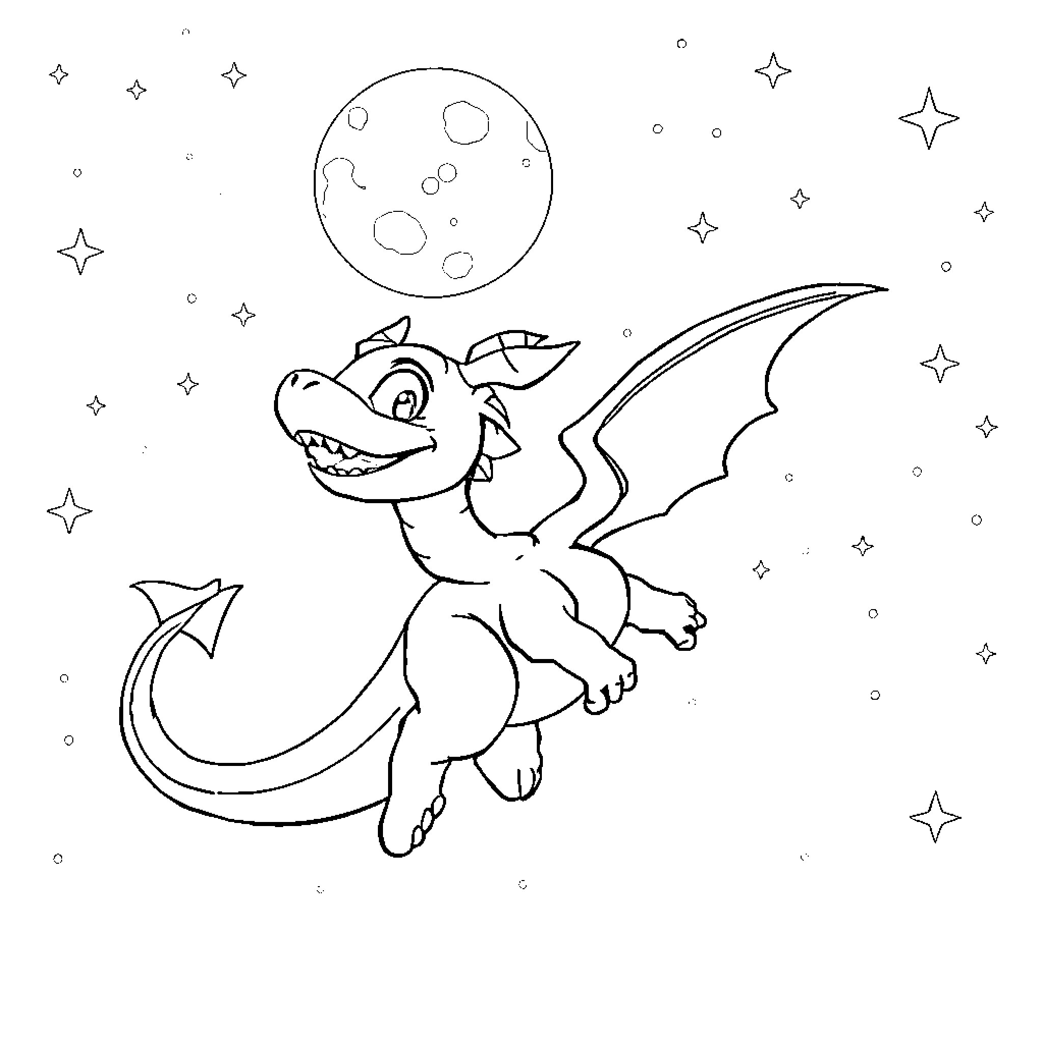 Spyro the Dragon Soaring Through Starry Night Coloring Page (free black-and-white line drawing printable PDF for all, from beginners to advanced learners, including children, teens, adults, and seniors)