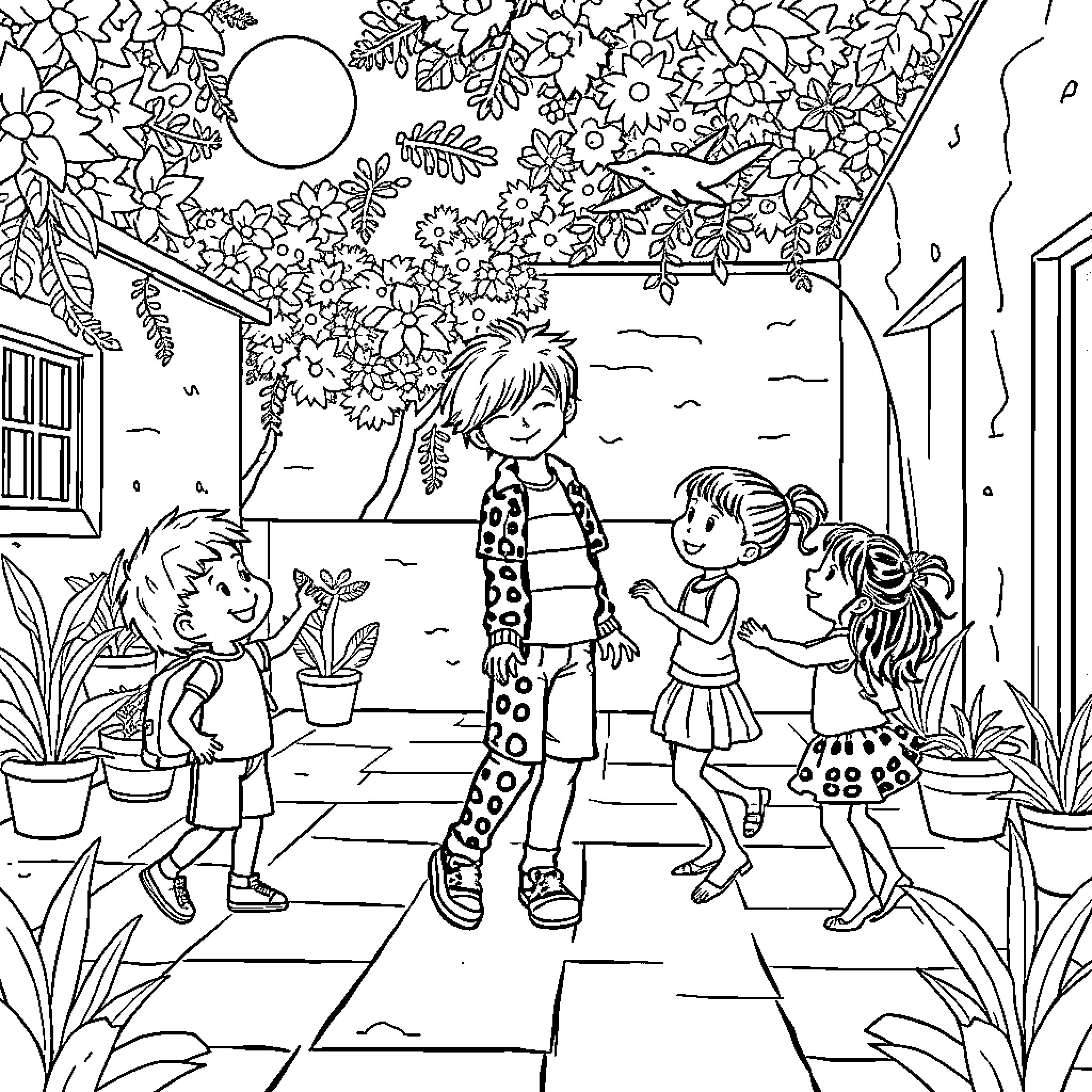 Child Playing with Friends in the Garden Coloring Page (free black-and-white line drawing printable PDF for all, from beginners to advanced learners, including children, teens, adults, and seniors)