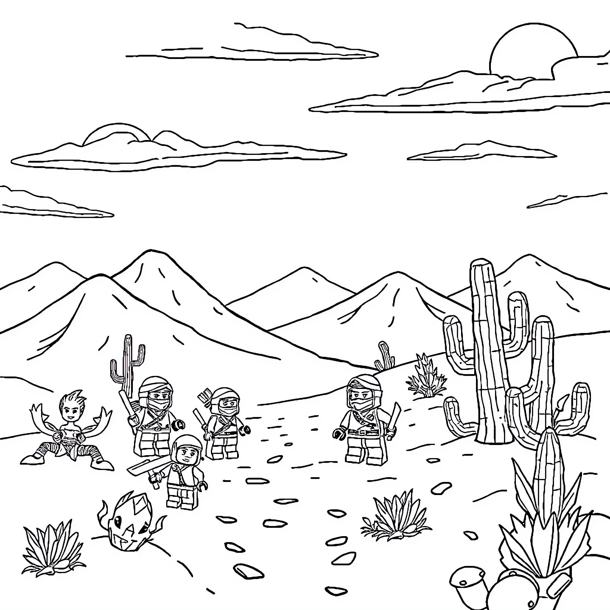 Lego Ninjago characters exploring desert landscape Coloring Page (free black-and-white line drawing printable PDF for all, from beginners to advanced learners, including children, teens, adults, and seniors)
