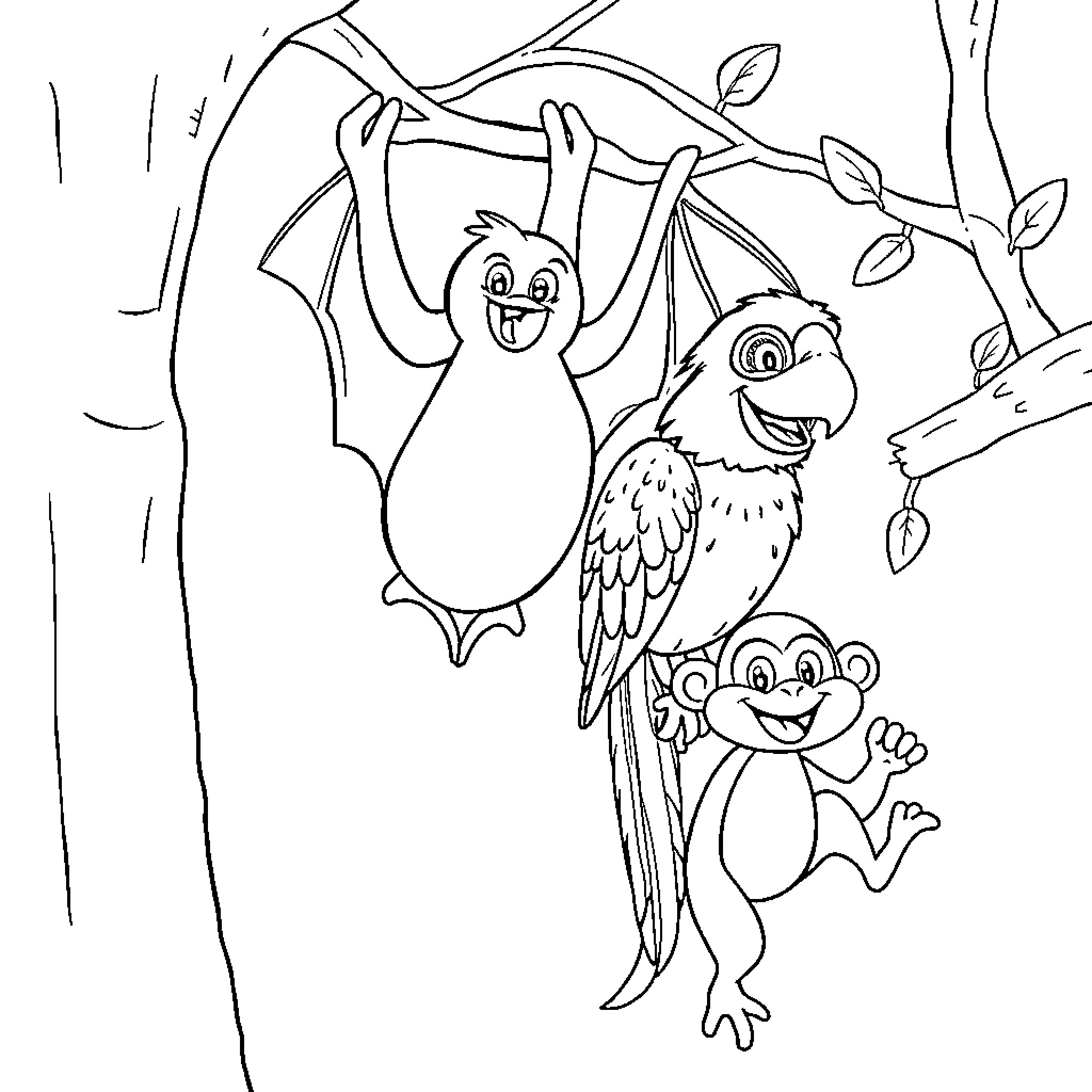 Bat friends having fun in the forest Coloring Page (free black-and-white line drawing printable PDF for all, from beginners to advanced learners, including children, teens, adults, and seniors)