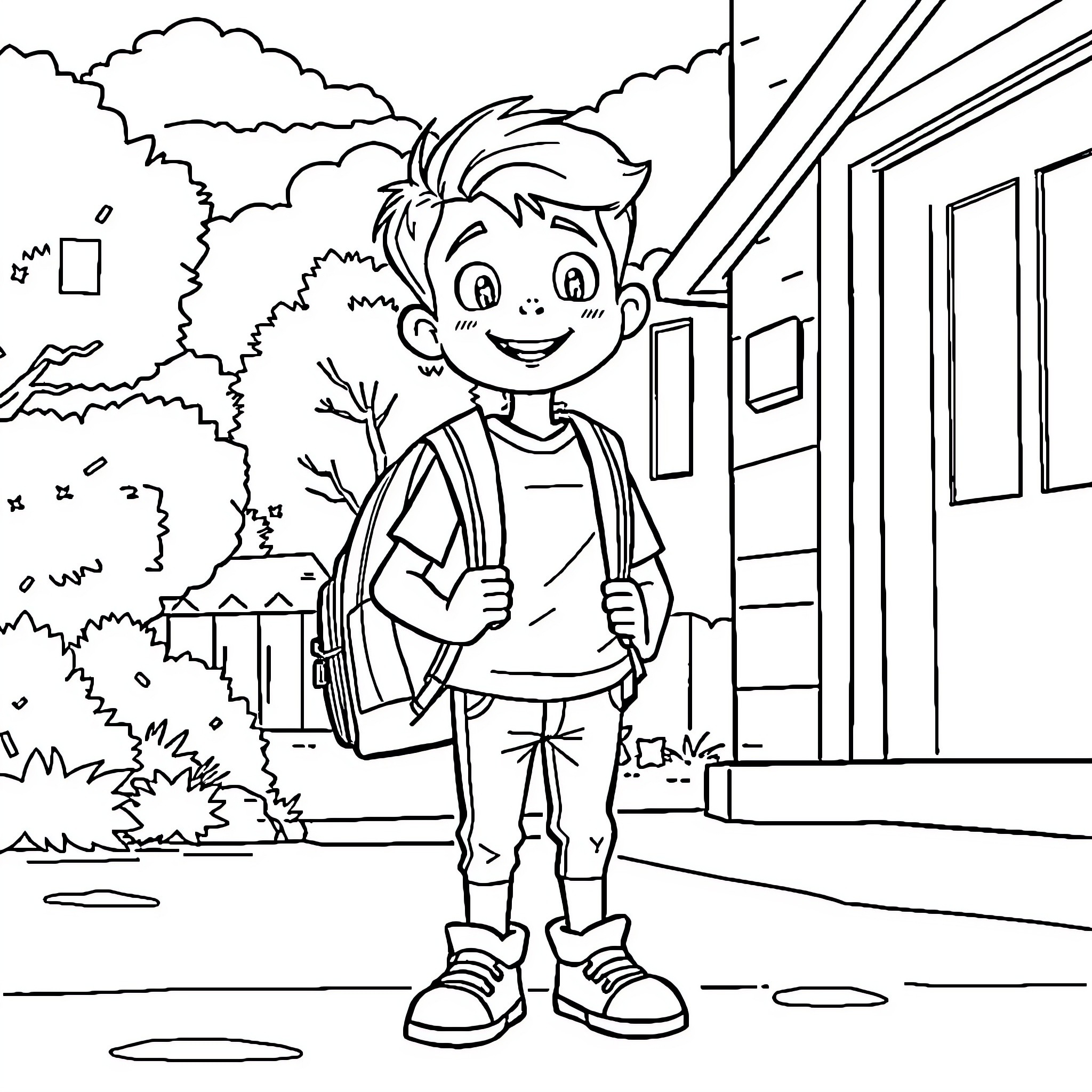 Florian's Cheerful Stroll Through the Neighborhood Coloring Page (free black-and-white line drawing printable PDF for all, from beginners to advanced learners, including children, teens, adults, and seniors)