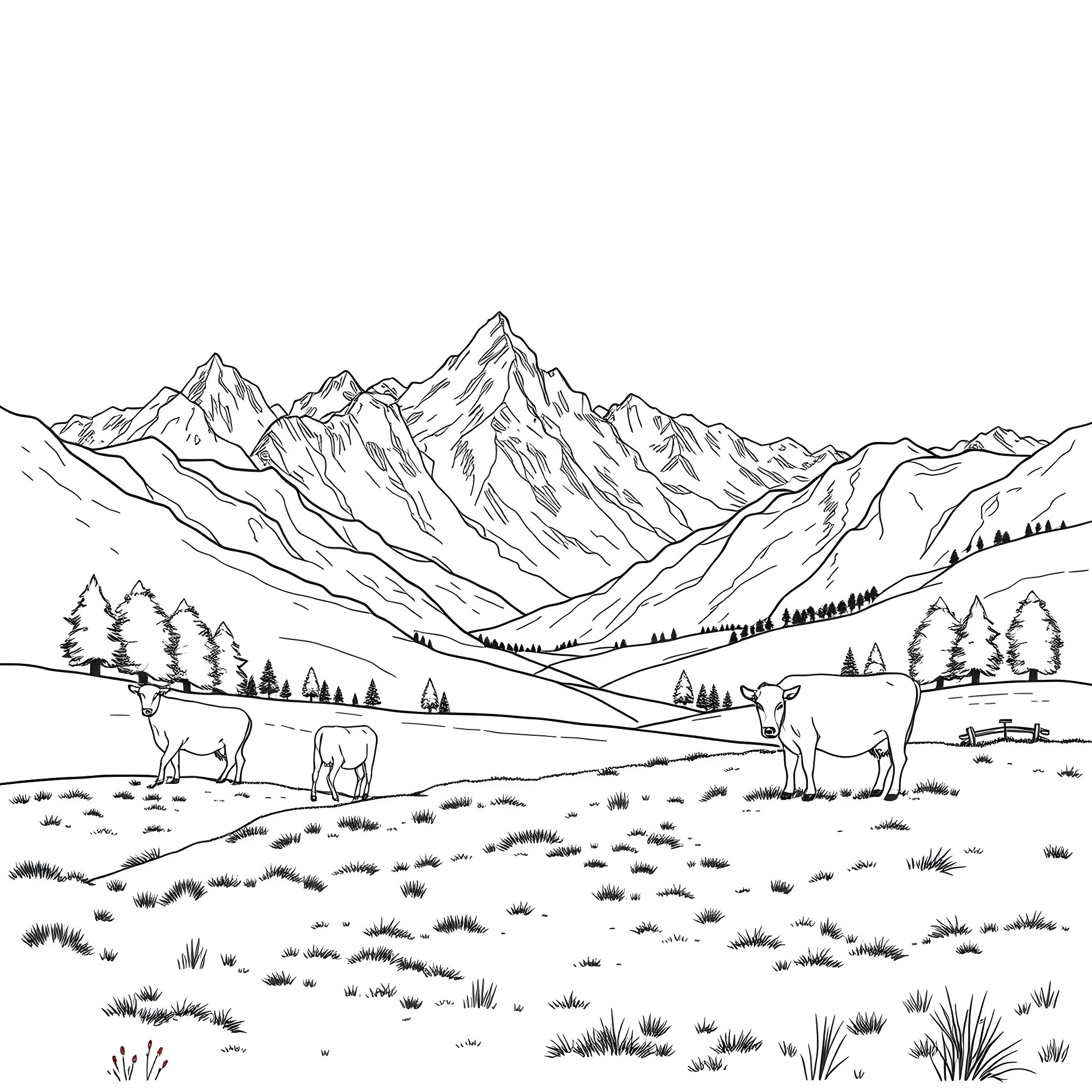 Cows grazing peacefully in the mountain landscape Coloring Page (free black-and-white line drawing printable PDF for all, from beginners to advanced learners, including children, teens, adults, and seniors)