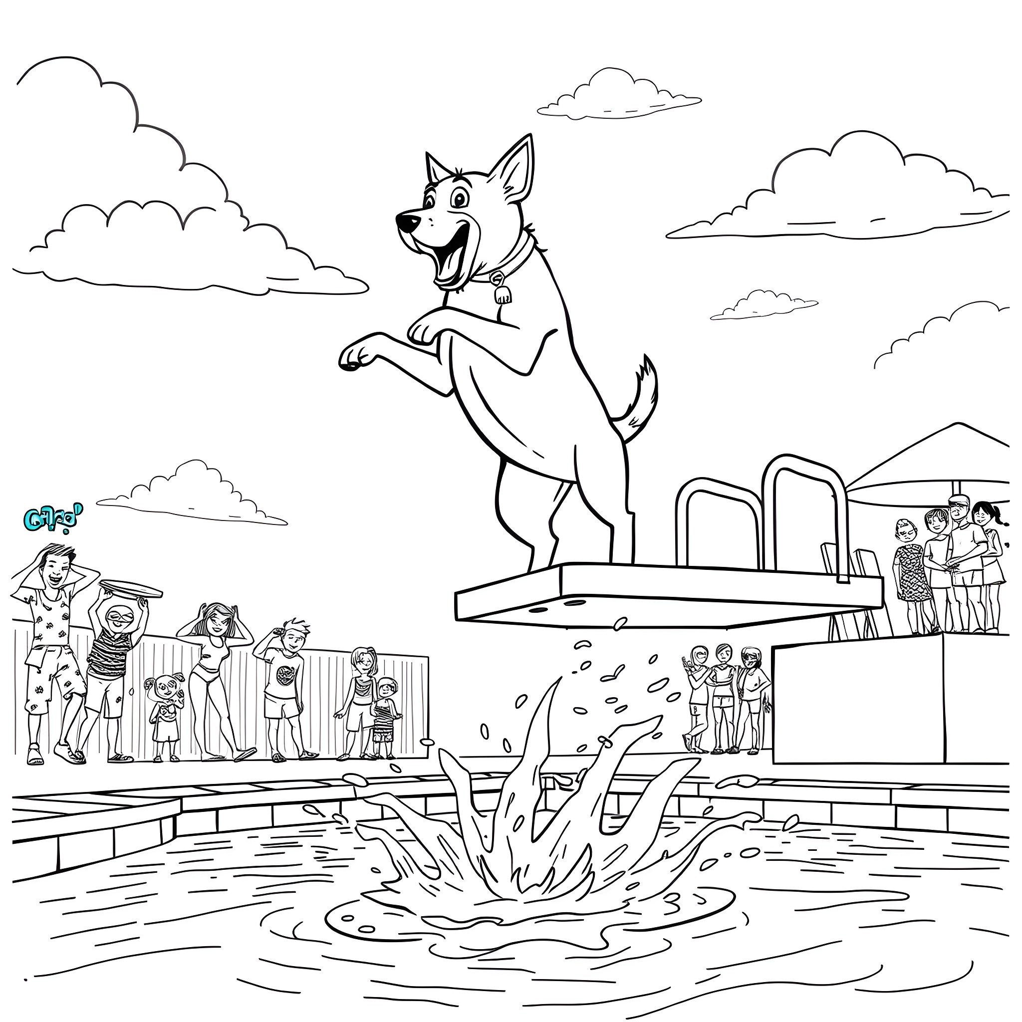 Dog splashing excitedly at the community pool Coloring Page (free black-and-white line drawing printable PDF for all, from beginners to advanced learners, including children, teens, adults, and seniors)