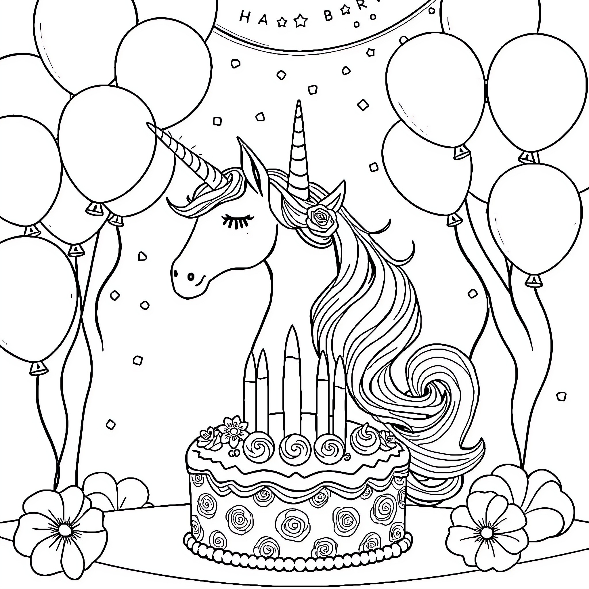 Unicorn celebrating a birthday with balloons Coloring Page (free black-and-white line drawing printable PDF for all, from beginners to advanced learners, including children, teens, adults, and seniors)