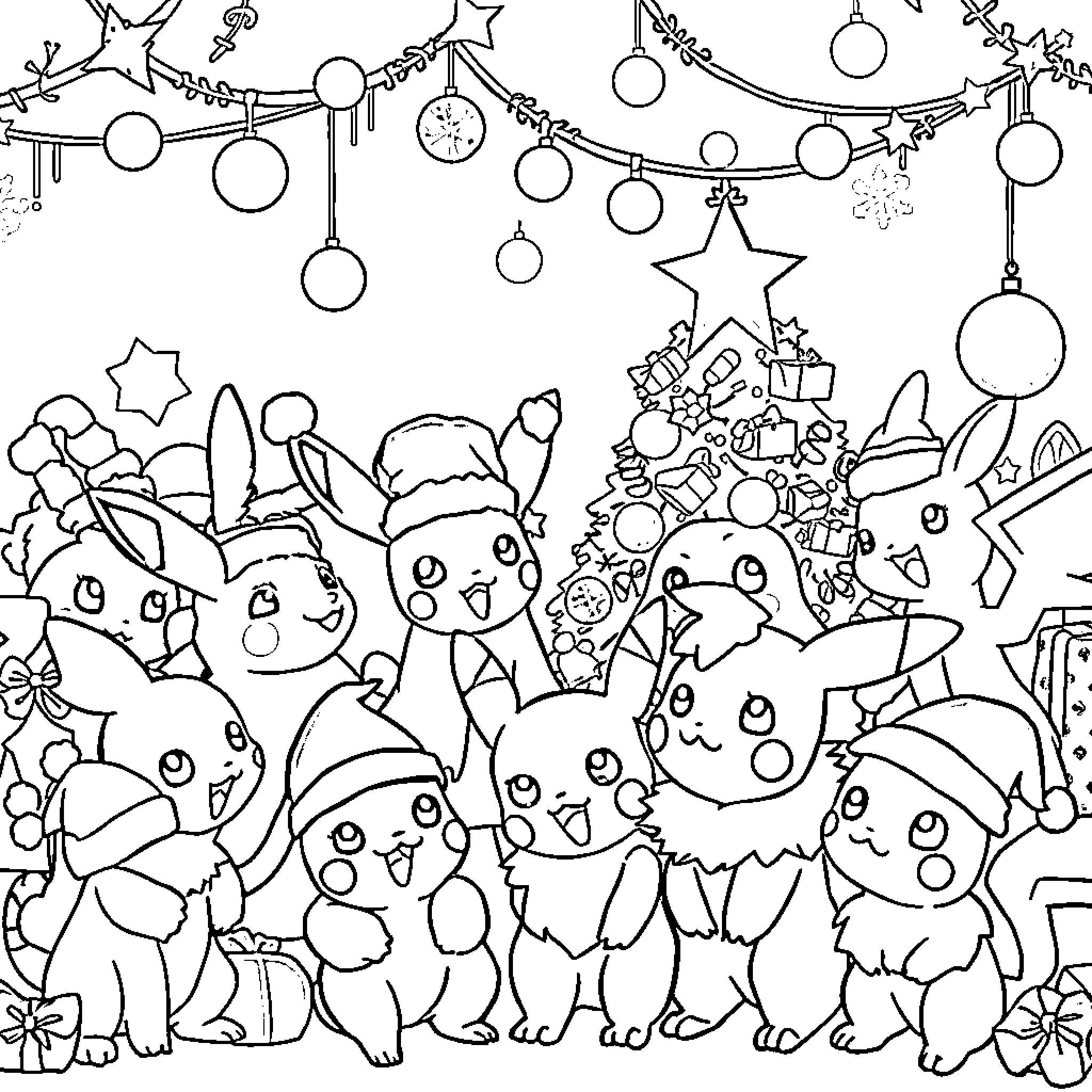 Pokémon Gathering for Festive Celebrations Coloring Page (free black-and-white line drawing printable PDF for all, from beginners to advanced learners, including children, teens, adults, and seniors)