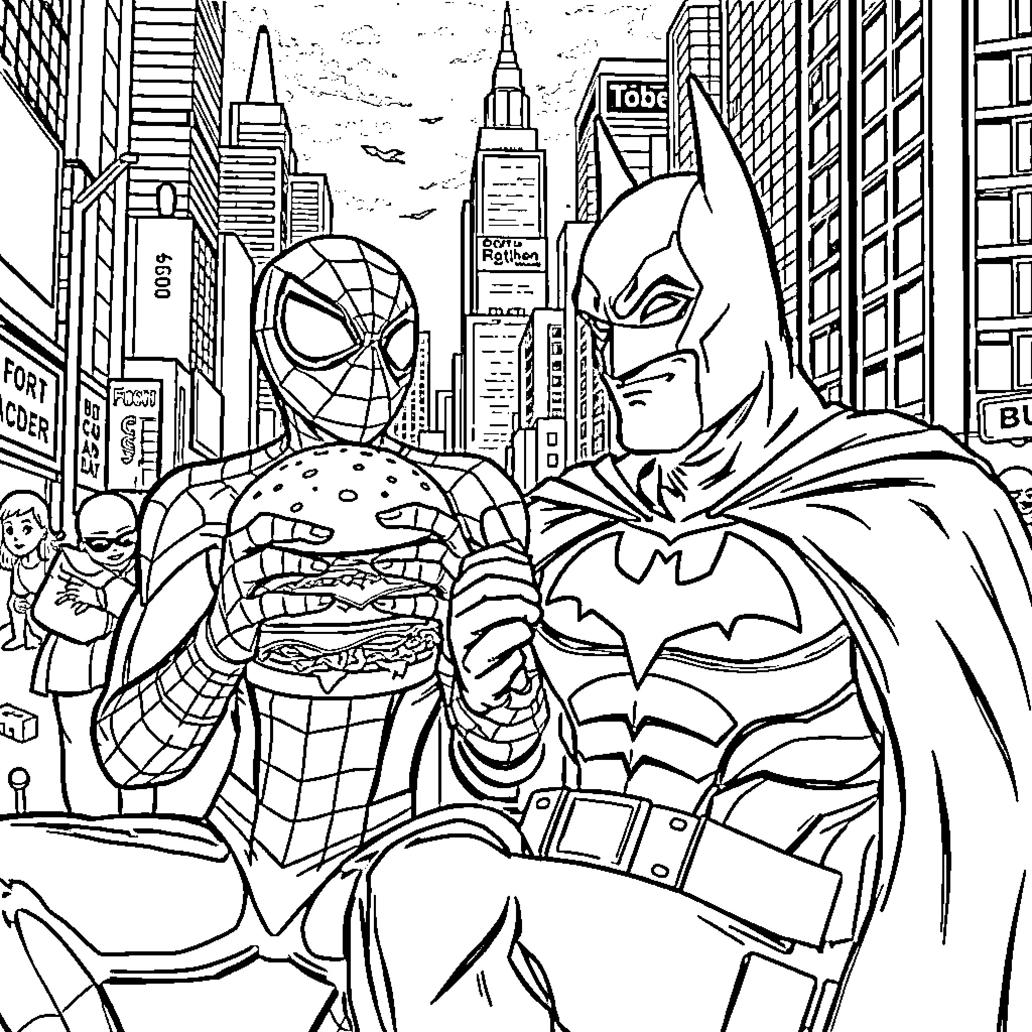 Spiderman and Batman team up in New York City Coloring Page (free black-and-white line drawing printable PDF for all, from beginners to advanced learners, including children, teens, adults, and seniors)