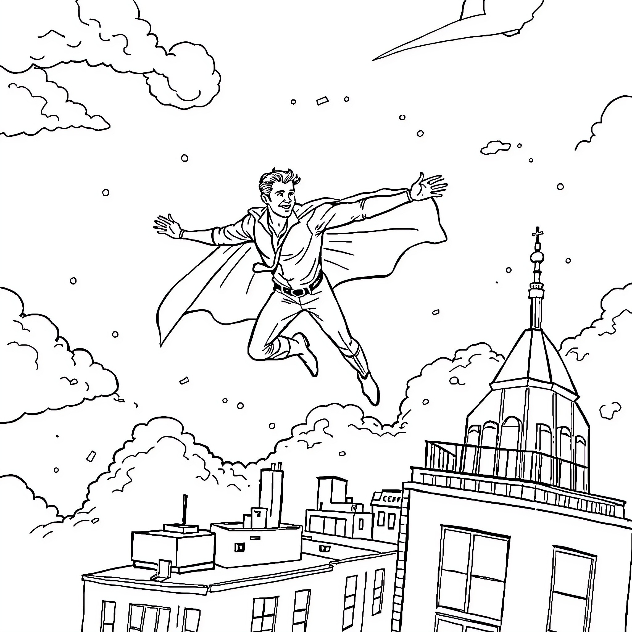 R. Devin Ricci: Superhero soaring through the city skyline Coloring Page (free black-and-white line drawing printable PDF for all, from beginners to advanced learners, including children, teens, adults, and seniors)
