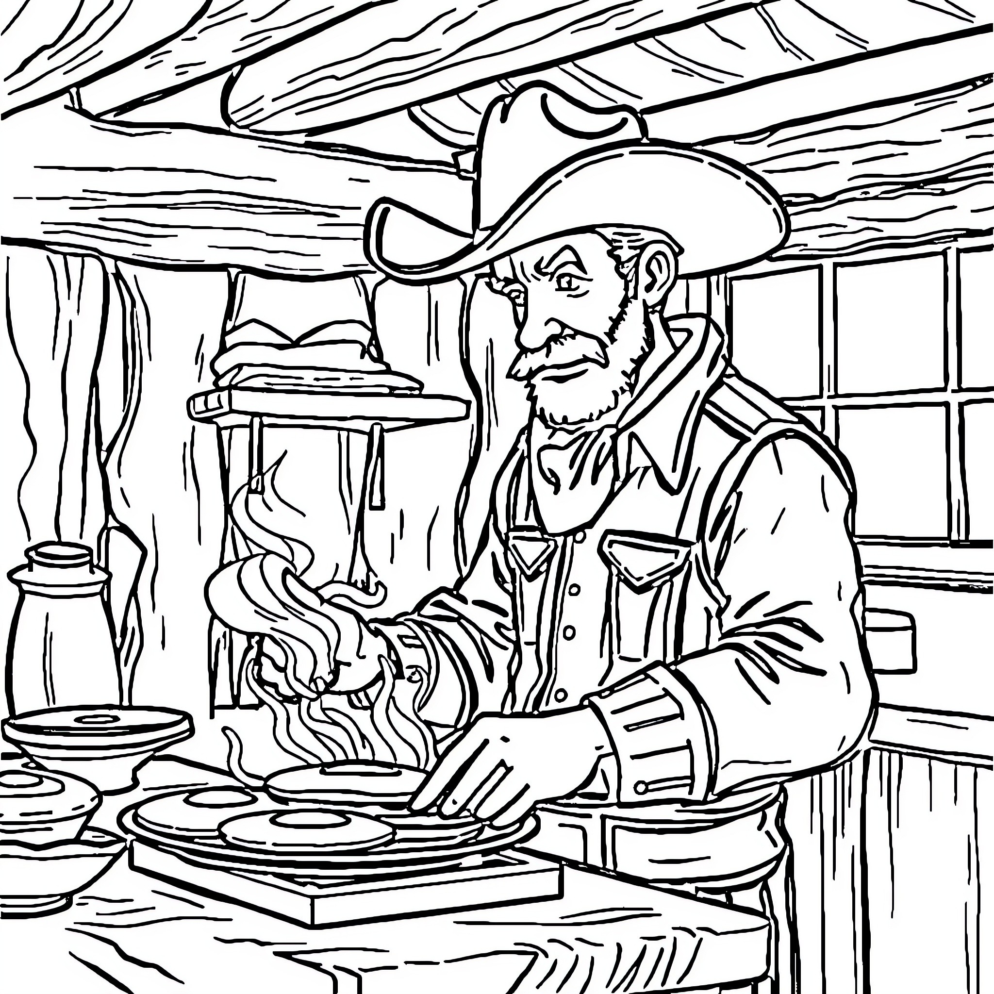 Cowboy cooking meals in rustic cabin kitchen Coloring Page (free black-and-white line drawing printable PDF for all, from beginners to advanced learners, including children, teens, adults, and seniors)