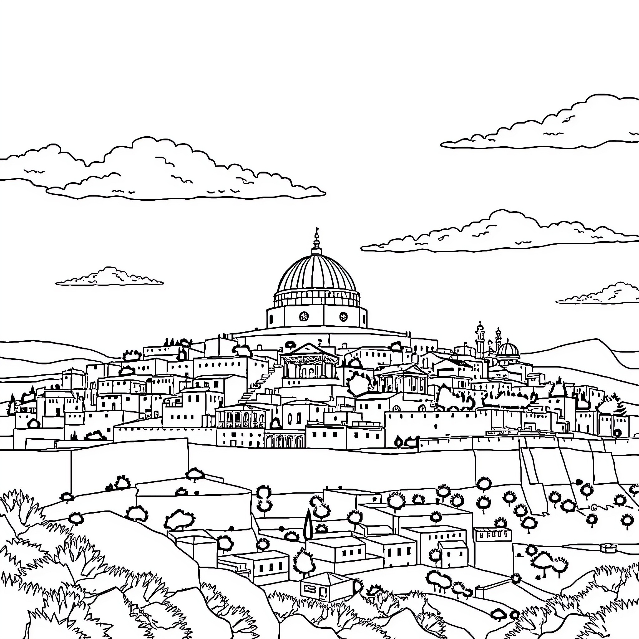 Israel's historic city skyline with iconic dome Coloring Page (free black-and-white line drawing printable PDF for all, from beginners to advanced learners, including children, teens, adults, and seniors)