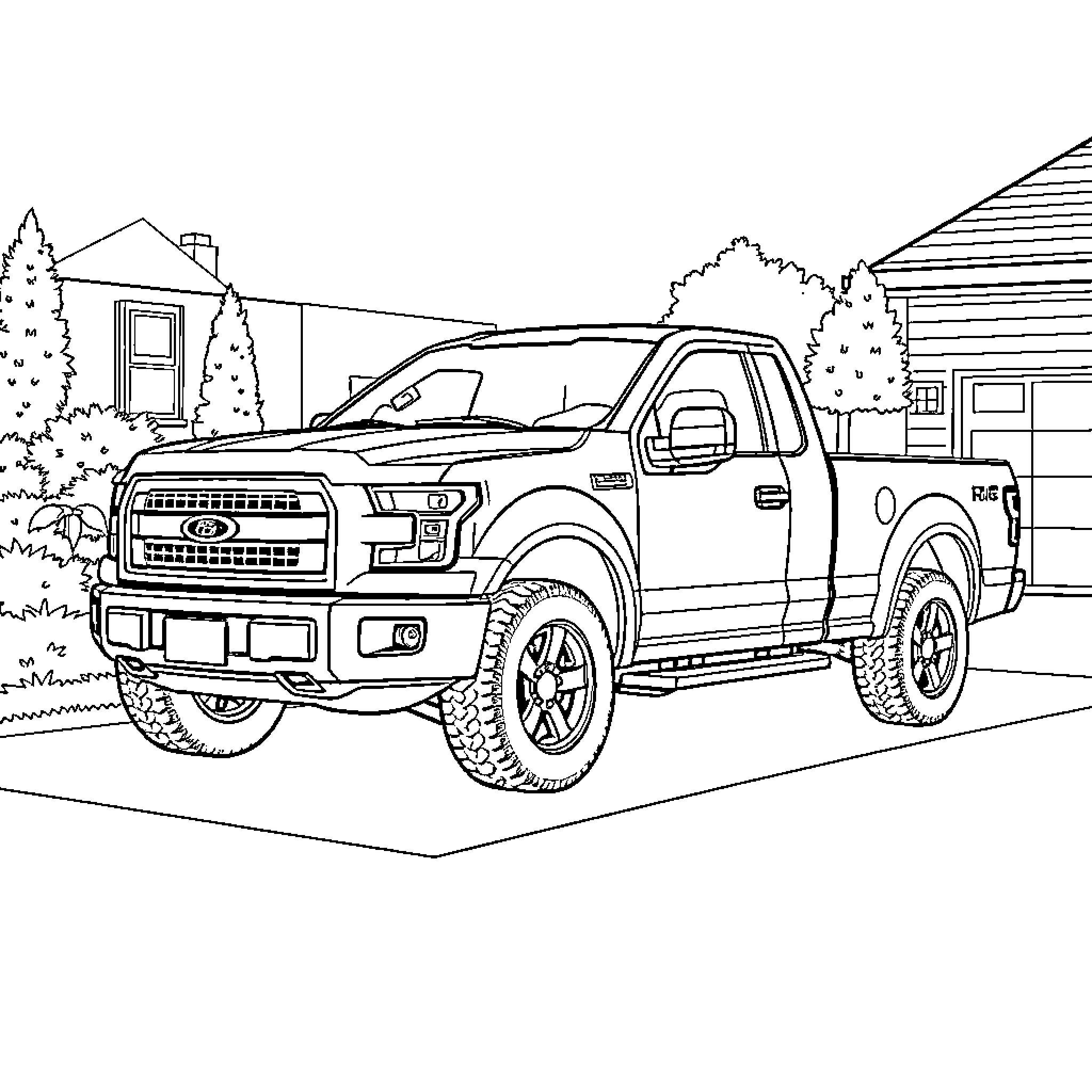 Pickup Truck parked on a rural road Coloring Page (free black-and-white line drawing printable PDF for all, from beginners to advanced learners, including children, teens, adults, and seniors)